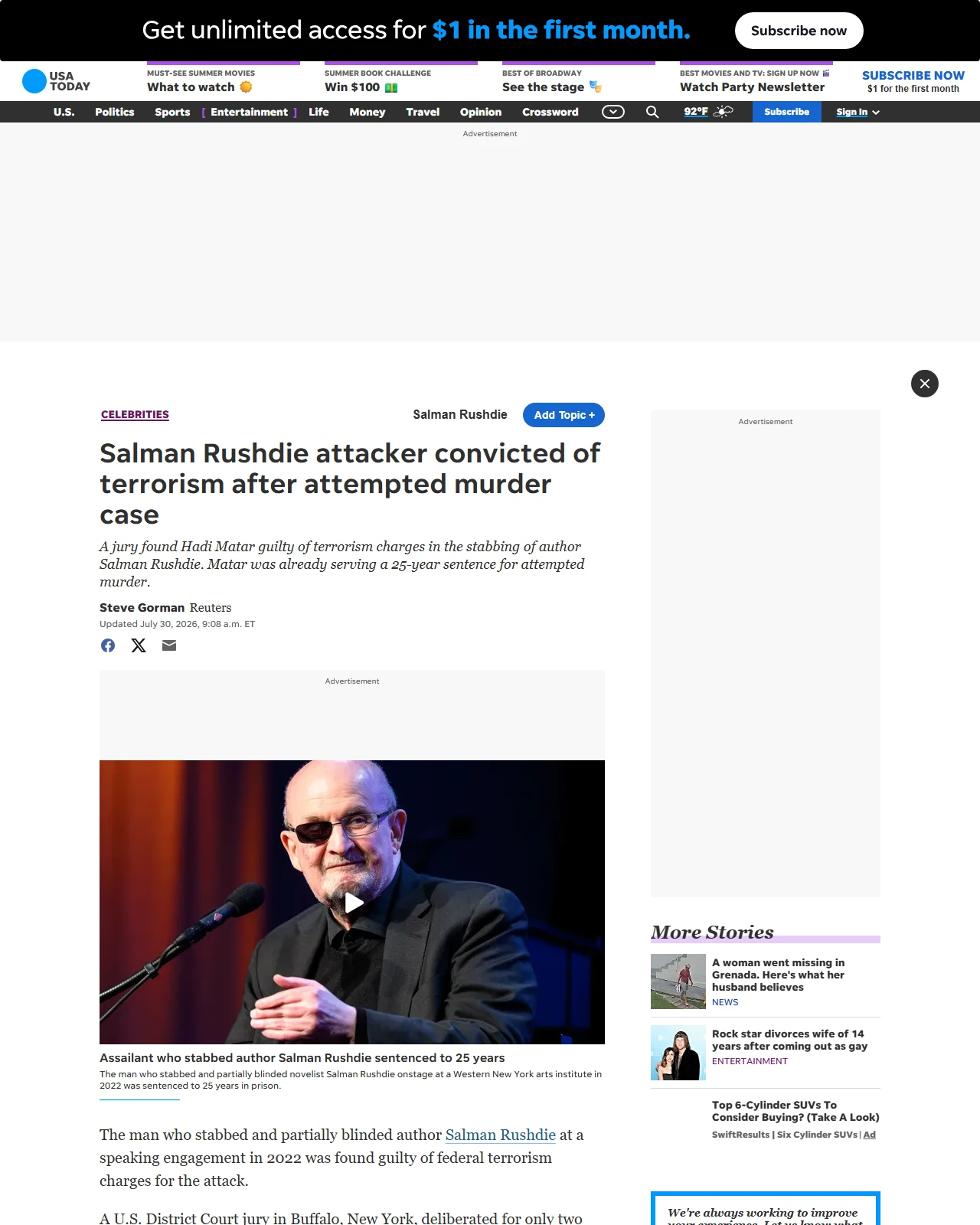 usatoday.com as published: Salman Rushdie attacker convicted of terrorism after attempted murder case