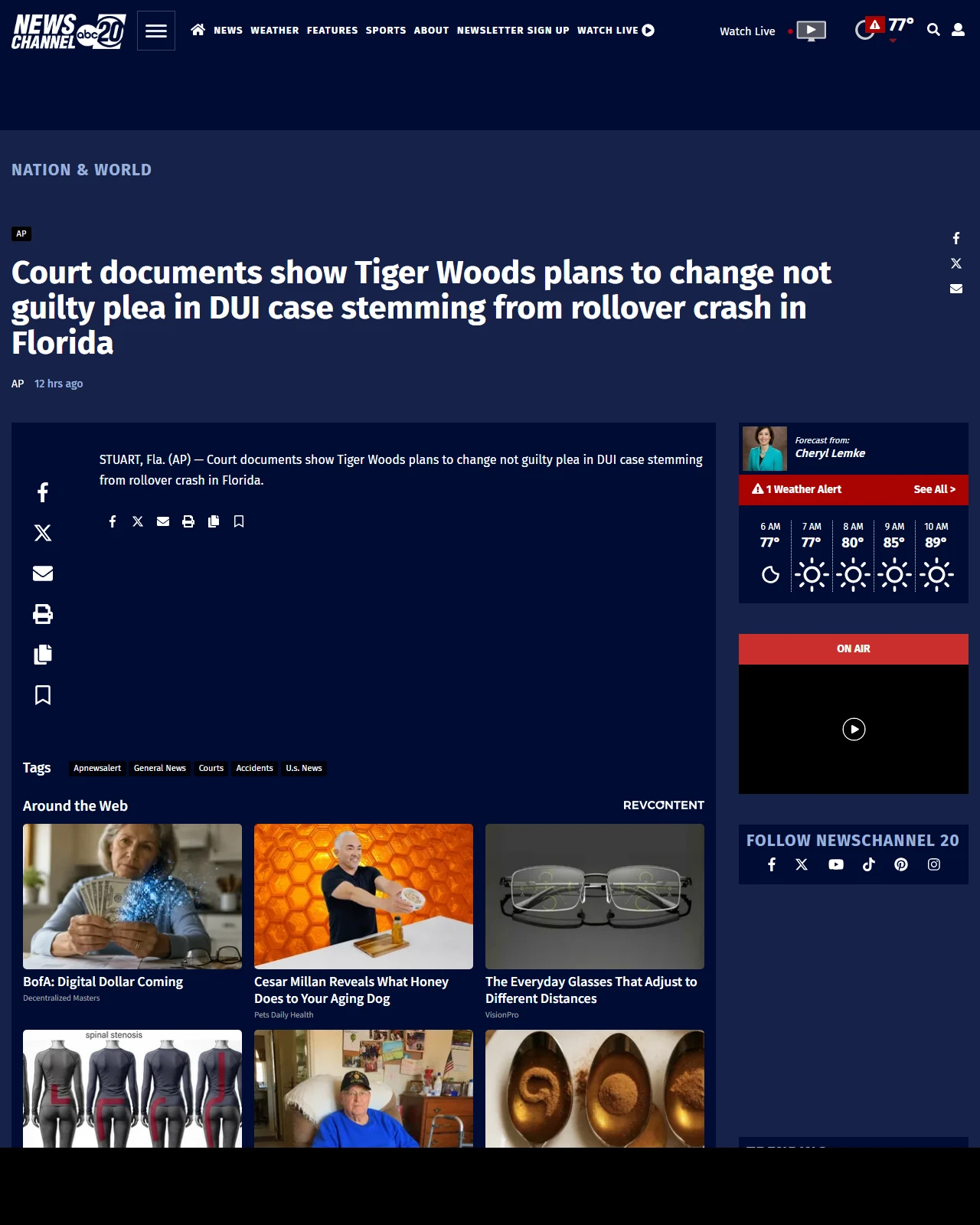 newschannel20.com as published: Court documents show Tiger Woods plans to change not guilty plea in DUI case stemming from rollover crash in Florida