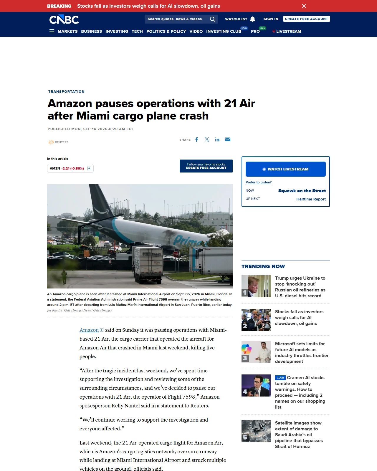 cnbc.com as published: Amazon pauses operations with 21 Air after Miami cargo plane crash