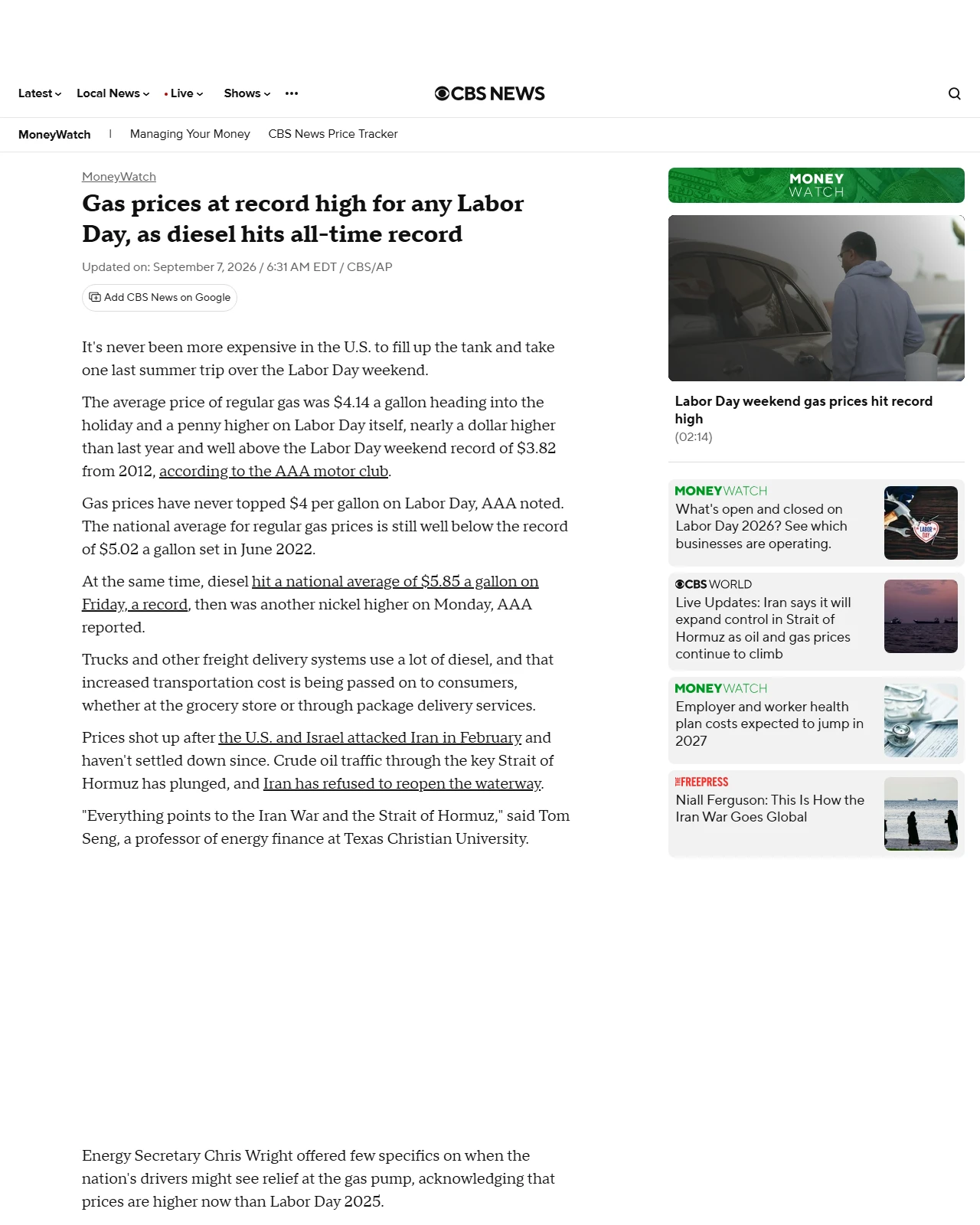 cbsnews.com as published: Gas prices at record high for any Labor Day, as diesel hits all-time record