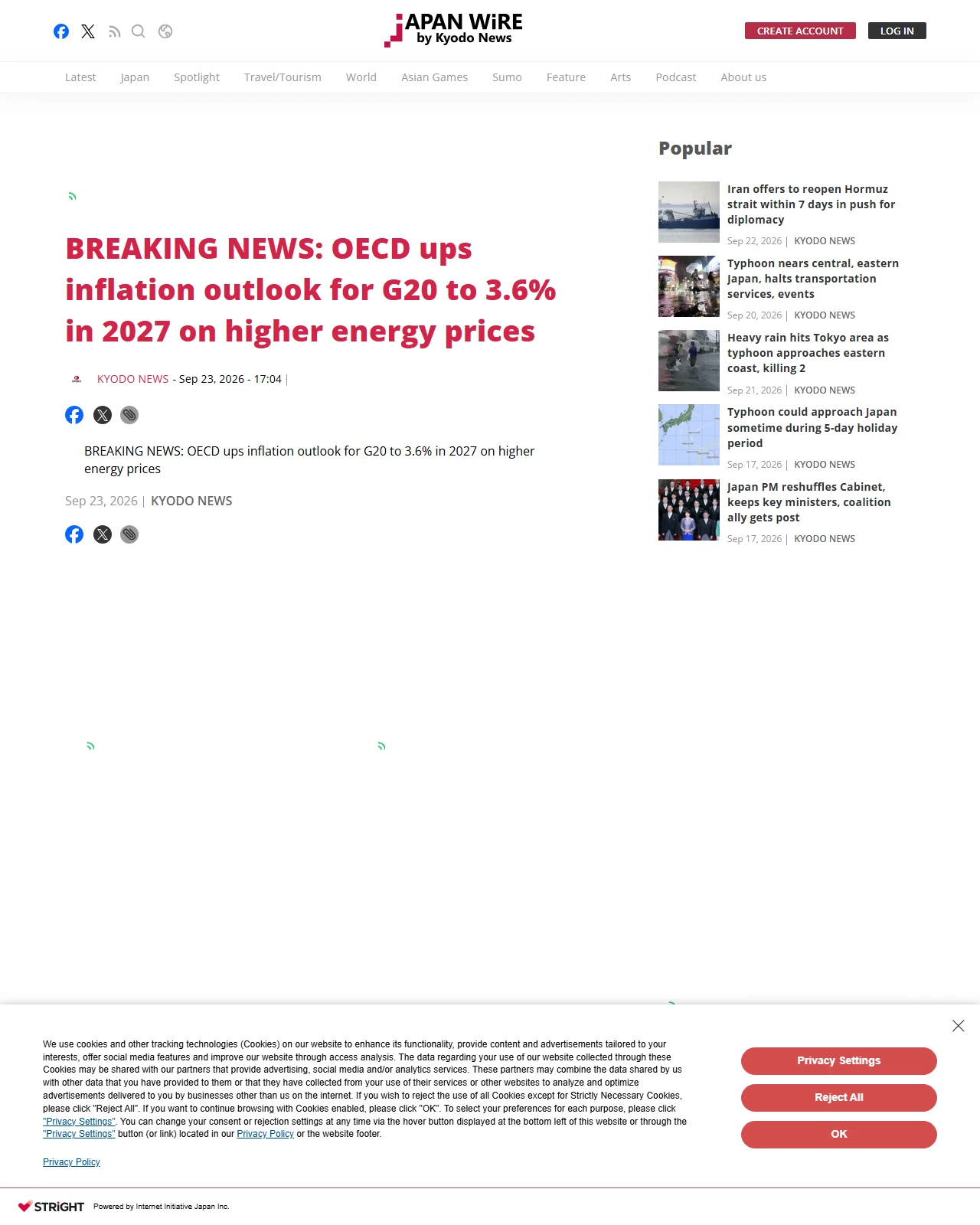 english.kyodonews.net as published: BREAKING NEWS: OECD ups inflation outlook for G20 to 3.6% in 2027 on higher energy prices