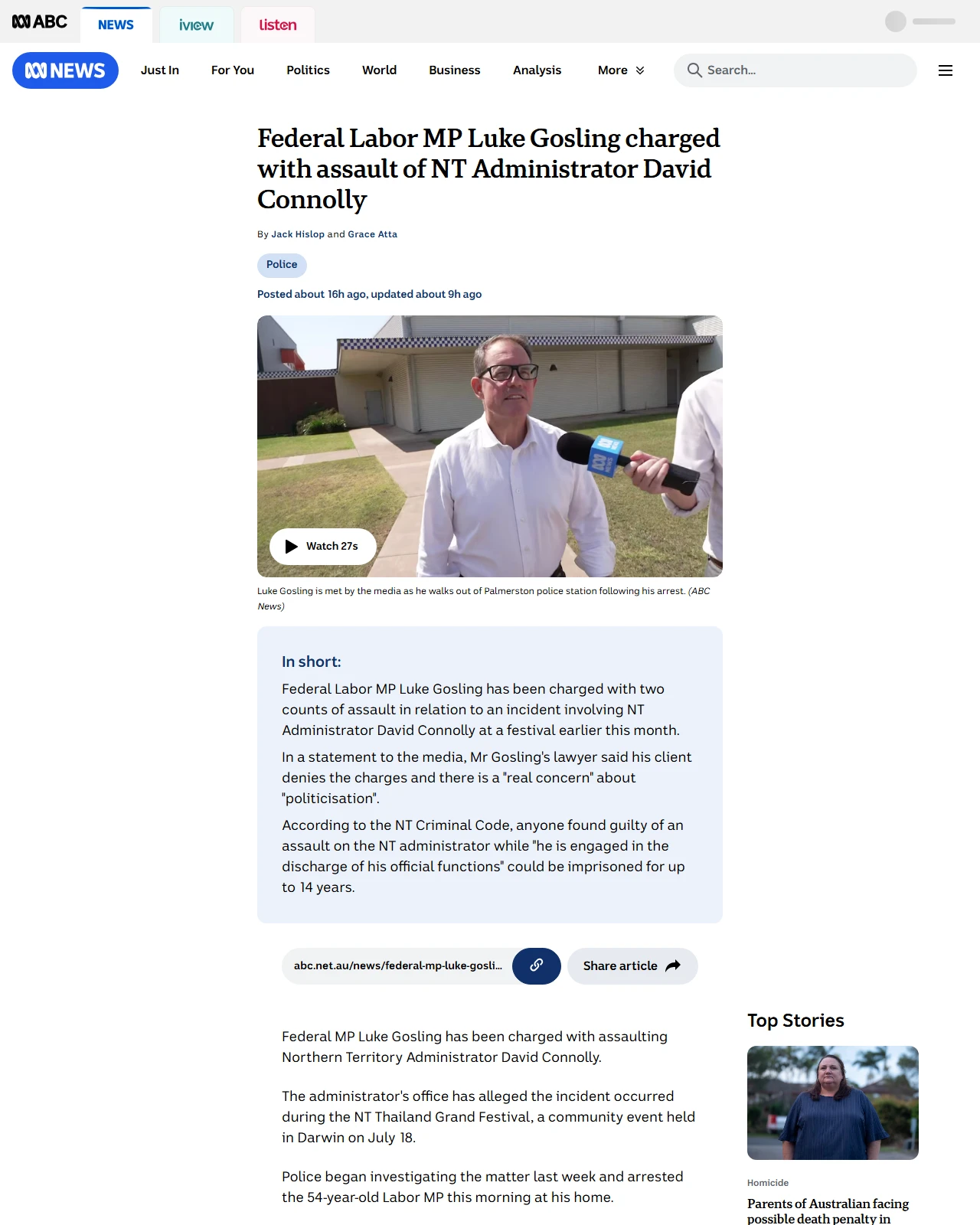 abc.net.au as published: Federal Labor MP Luke Gosling arrested over alleged assault - ABC News & Headlines – Australian Broadcasting Corporation