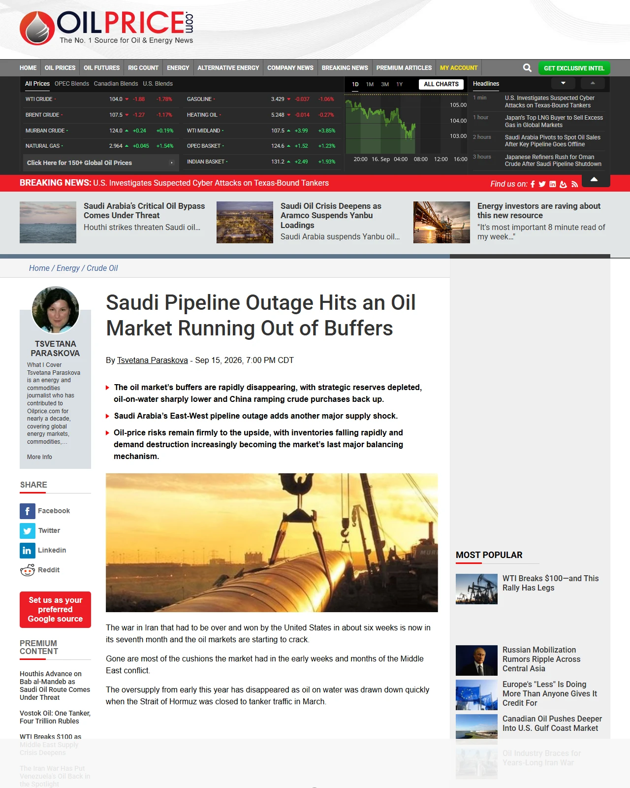 oilprice.com as published: Saudi Pipeline Outage Hits an Oil Market Running Out of Buffers