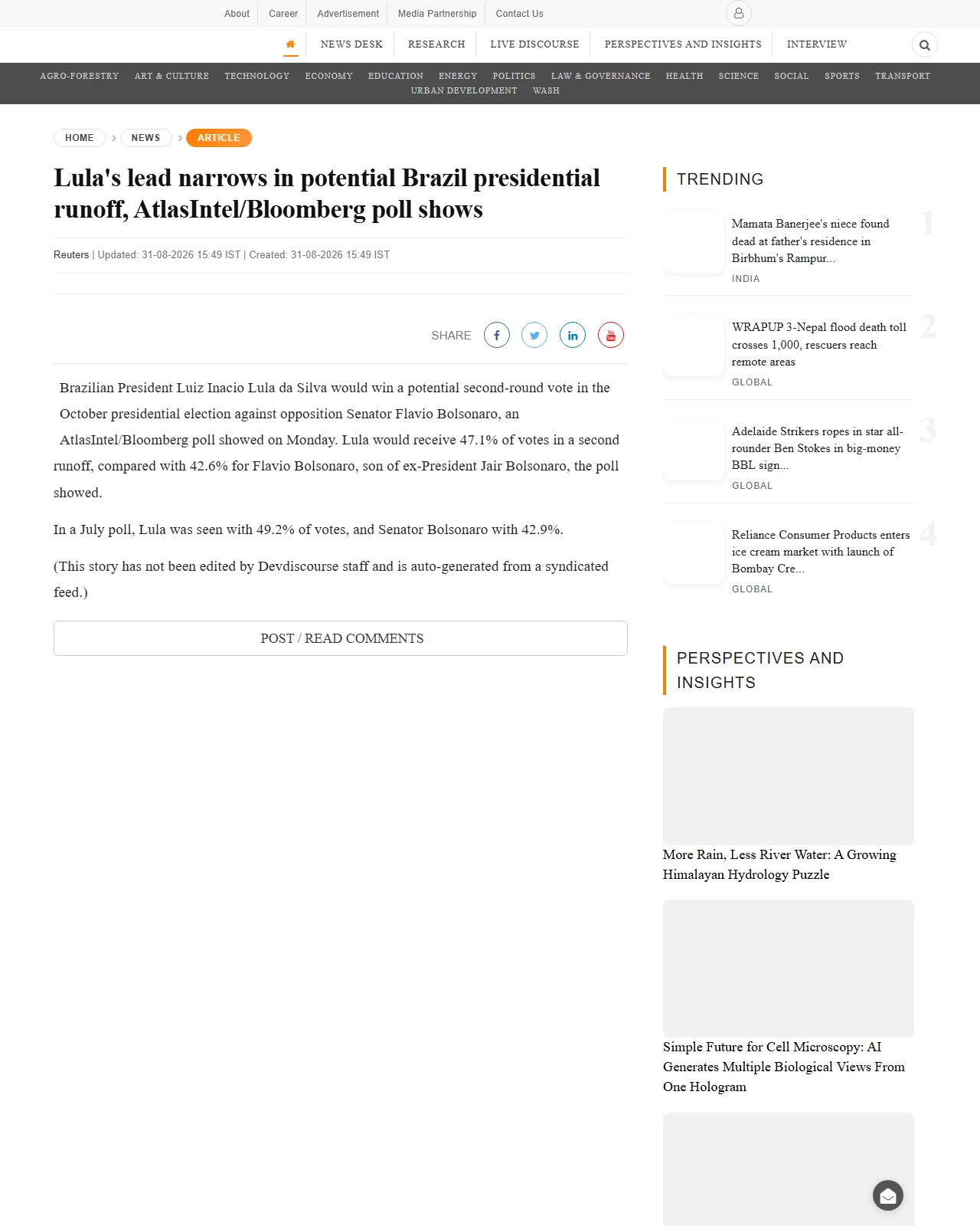 devdiscourse.com as published: Lula's lead narrows in potential Brazil presidential runoff, AtlasIntel/Bloomberg poll shows