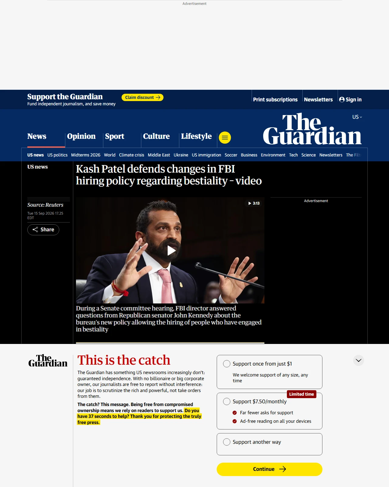 theguardian.com as published: Kash Patel defends changes in FBI hiring policy regarding bestiality – video