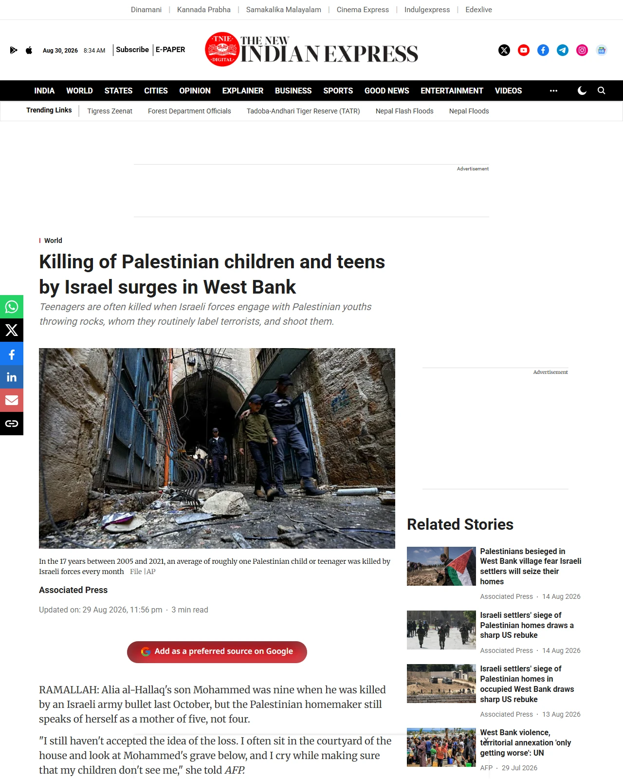 newindianexpress.com as published: Killing of Palestinian children and teens by Israel surges in West Bank