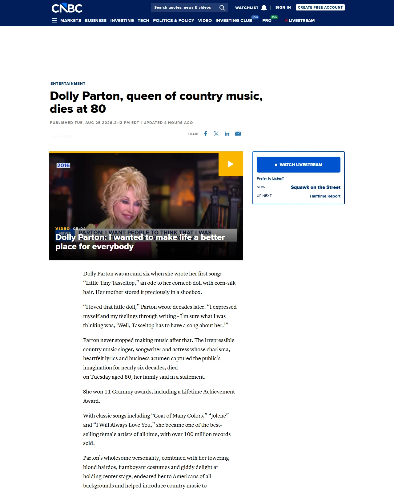 cnbc.com as published: Dolly Parton, queen of country music, dies at 80