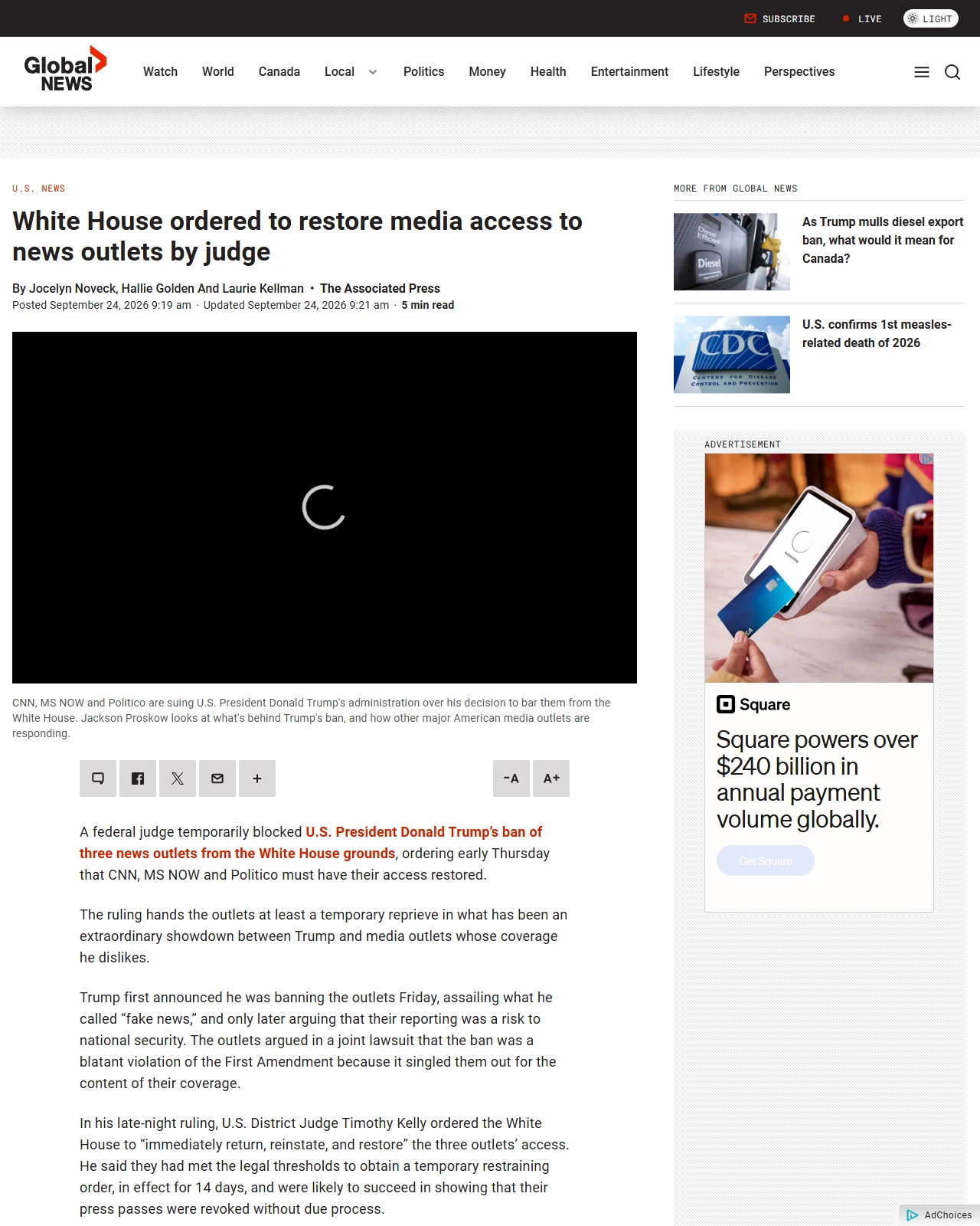 globalnews.ca as published: White House ordered to restore media access to news outlets by judge