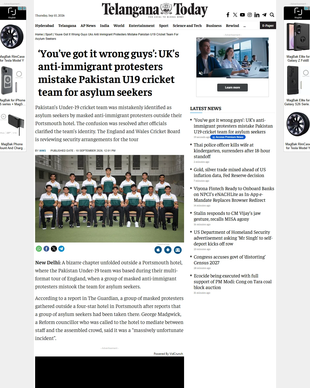 telanganatoday.com as published: ‘You’ve got it wrong guys’: UK’s anti-immigrant protesters mistake Pakistan U19 cricket team for asylum seekers