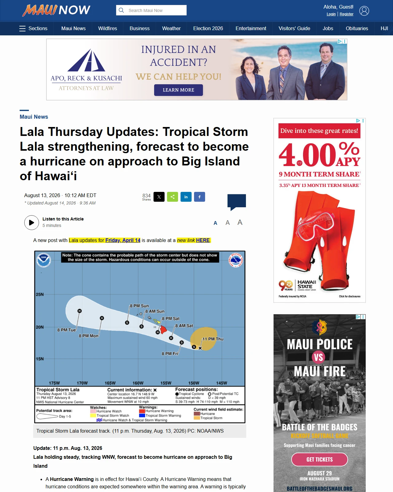 mauinow.com as published: Lala Thursday Updates: Tropical Storm Lala strengthening, forecast to become a hurricane on approach to Big Island of Hawaiʻi