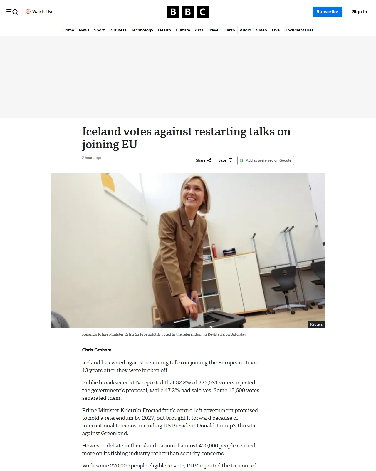 bbc.co.uk as published: Iceland on track to reject EU referendum as counting nears end