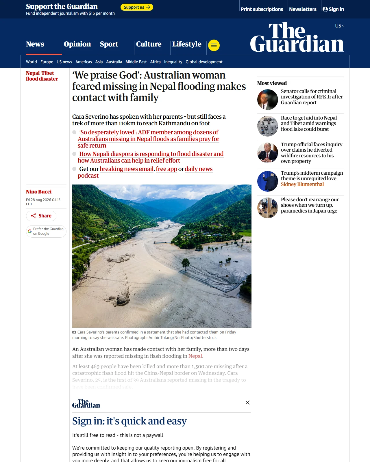 theguardian.com as published: ‘We praise God’: Australian woman feared missing in Nepal flooding makes contact with family