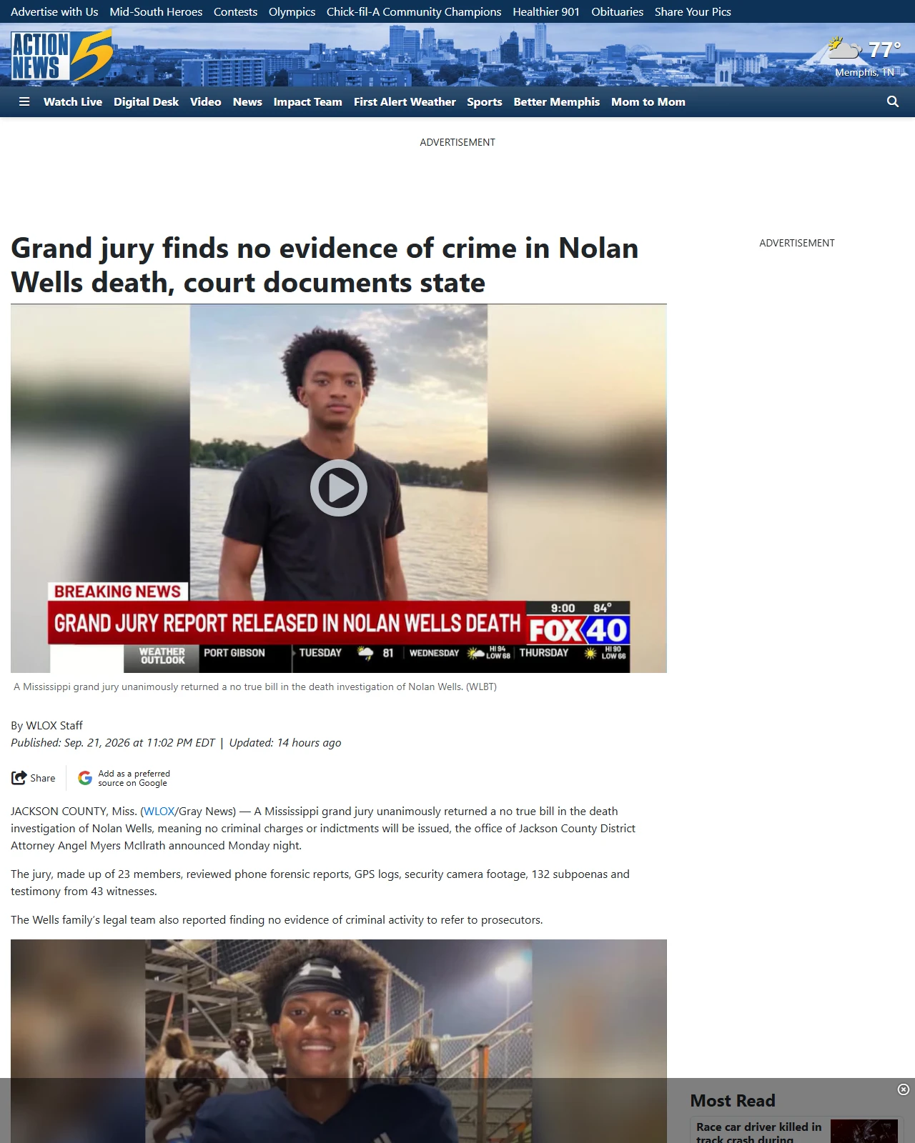 actionnews5.com as published: Grand jury finds no evidence of crime in Nolan Wells death, court documents state