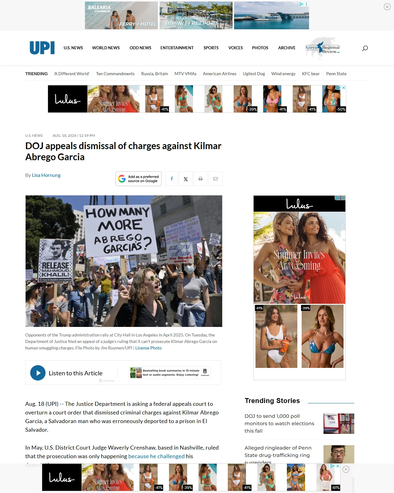 upi.com as published: DOJ appeals dismissal of charges against Kilmar Abrego Garcia