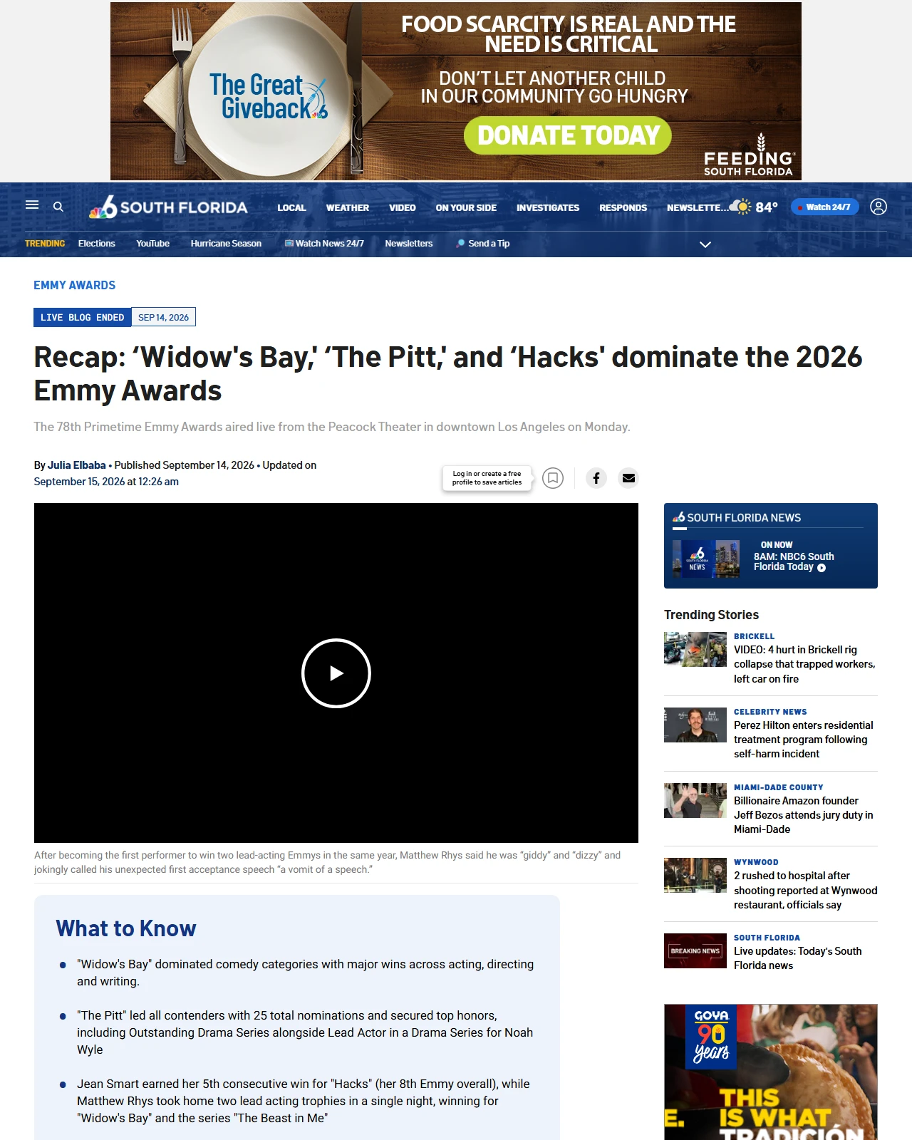 nbcmiami.com as published: Recap: ‘Widow's Bay,' ‘The Pitt,' and ‘Hacks' dominate the 2026 Emmy Awards