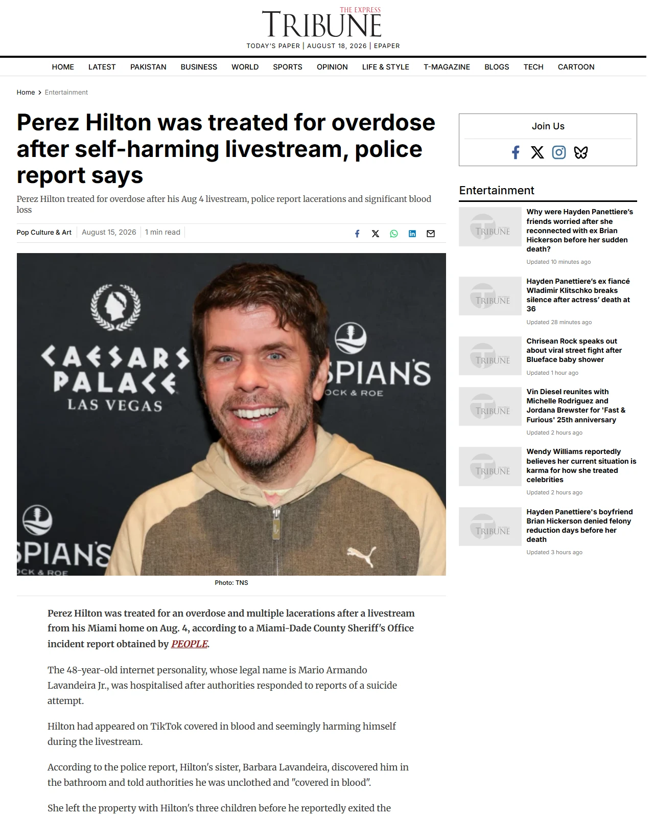 tribune.com.pk as published: Perez Hilton was treated for overdose after self-harming livestream, police report says