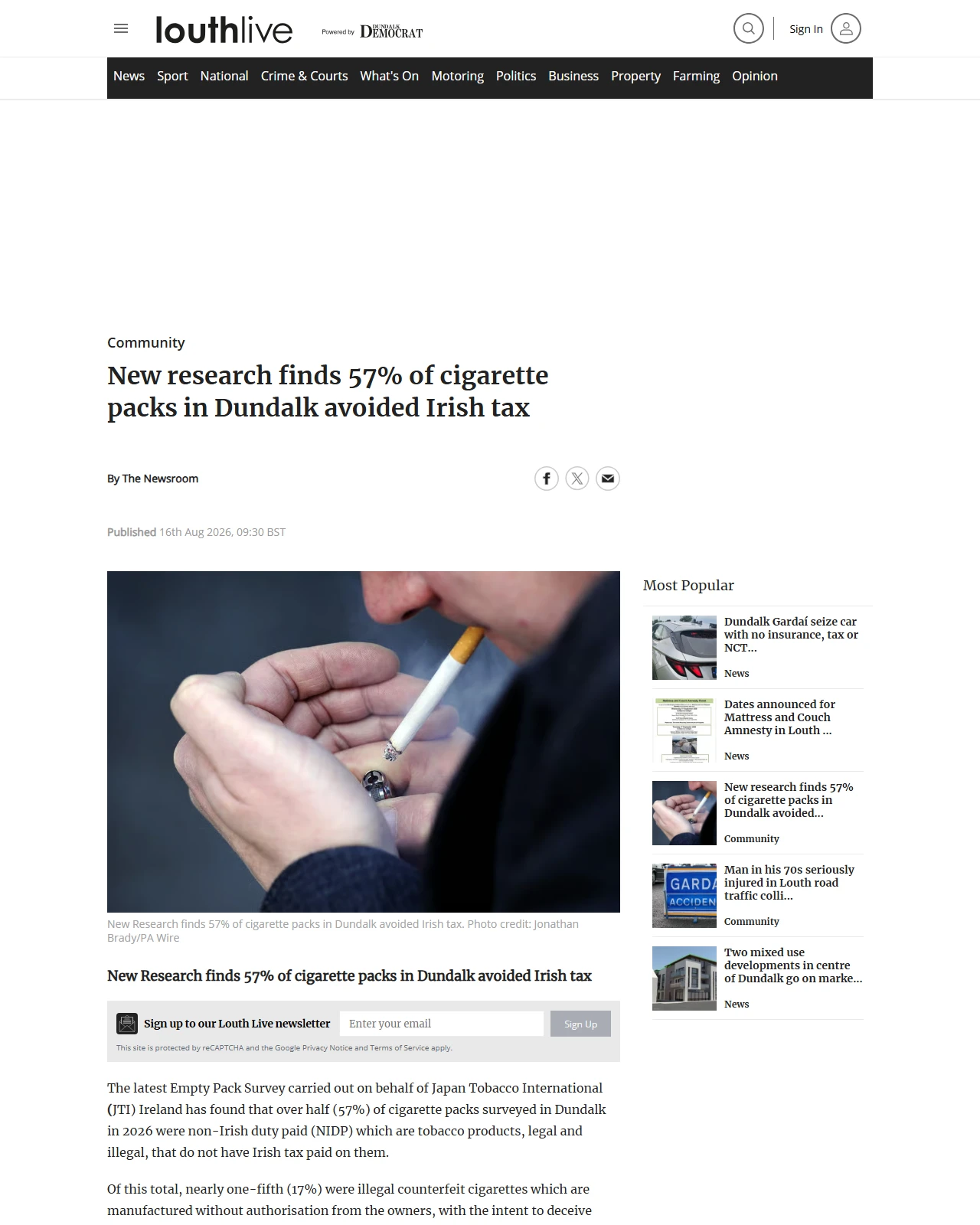 dundalkdemocrat.ie as published: New research finds 57% of cigarette packs in Dundalk avoided Irish tax