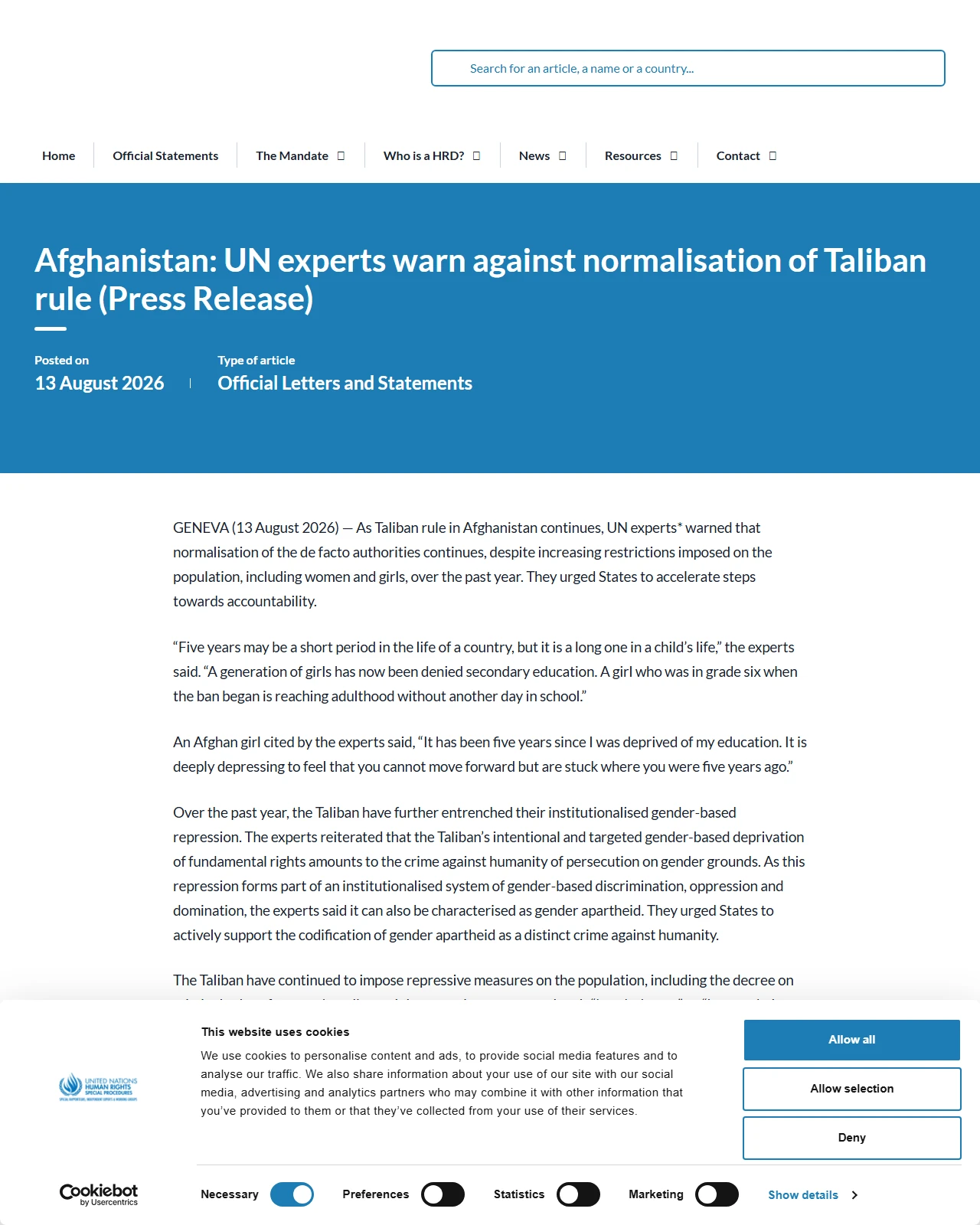 srdefenders.org as published: Afghanistan: UN experts warn against normalisation of Taliban rule (Press Release)