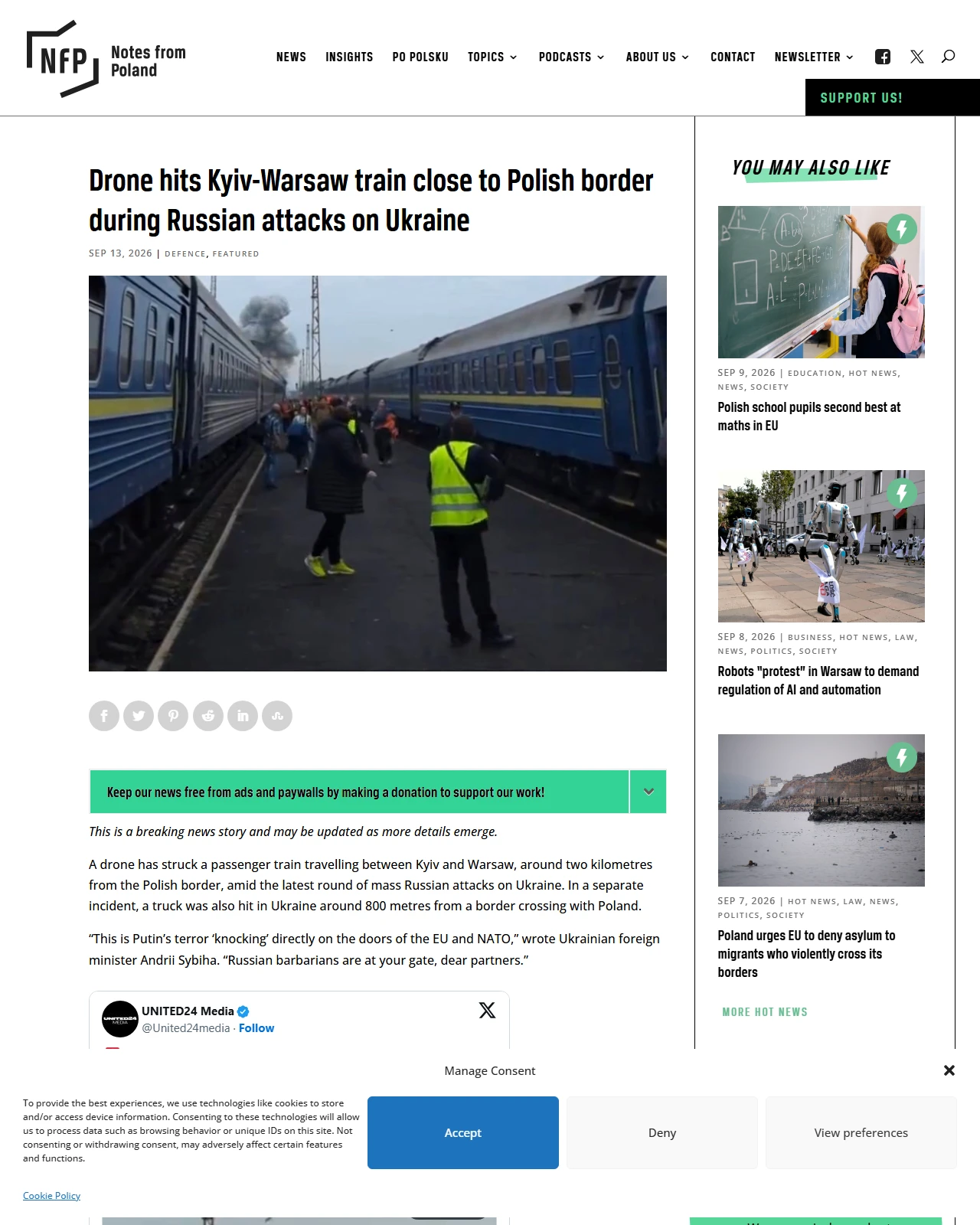 notesfrompoland.com as published: Drone hits Kyiv-Warsaw train close to Polish border during Russian attacks on Ukraine