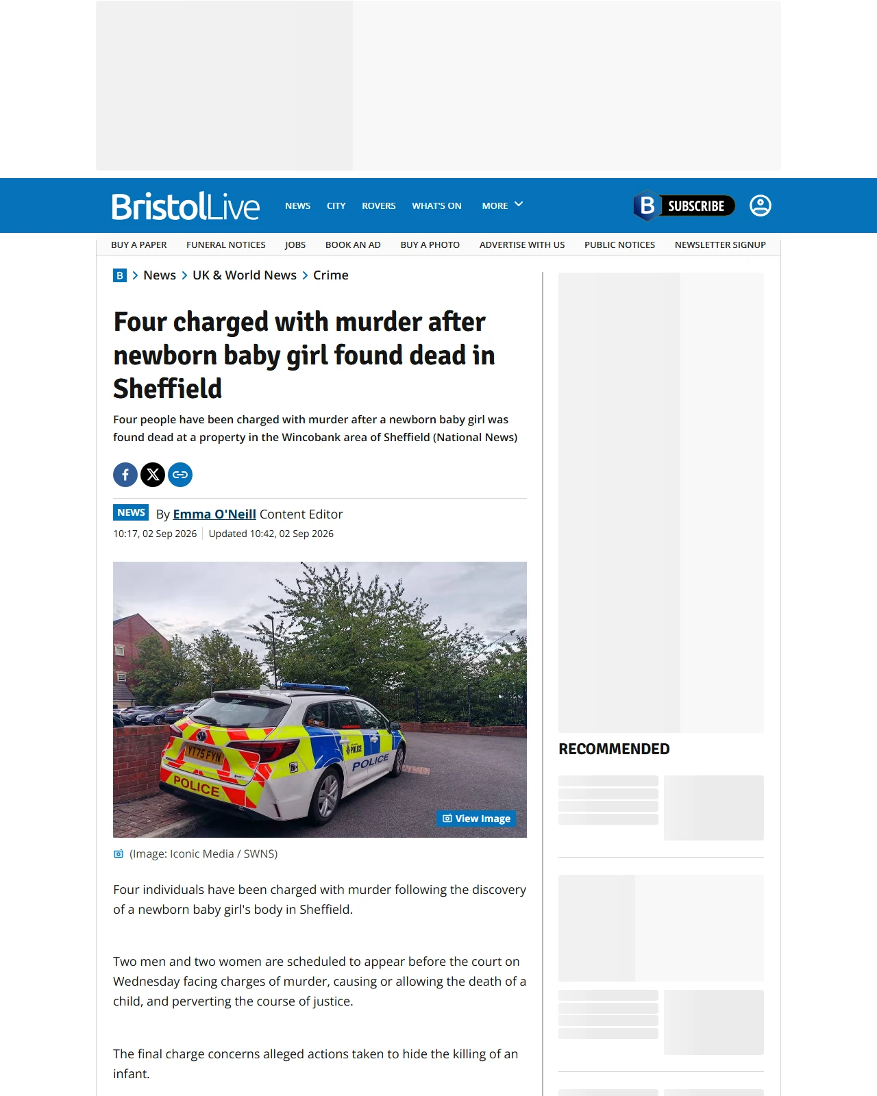 bristolpost.co.uk as published: Four charged with murder after newborn baby girl found dead in Sheffield