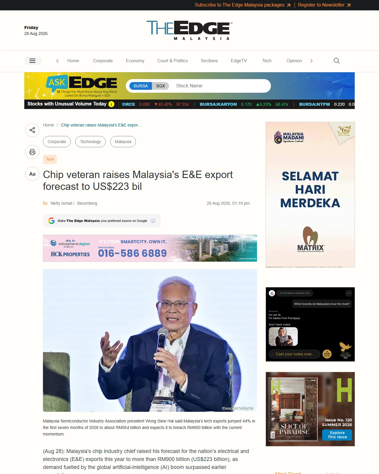 theedgemalaysia.com as published: Chip veteran raises Malaysia's E&E export forecast to US$223 bil