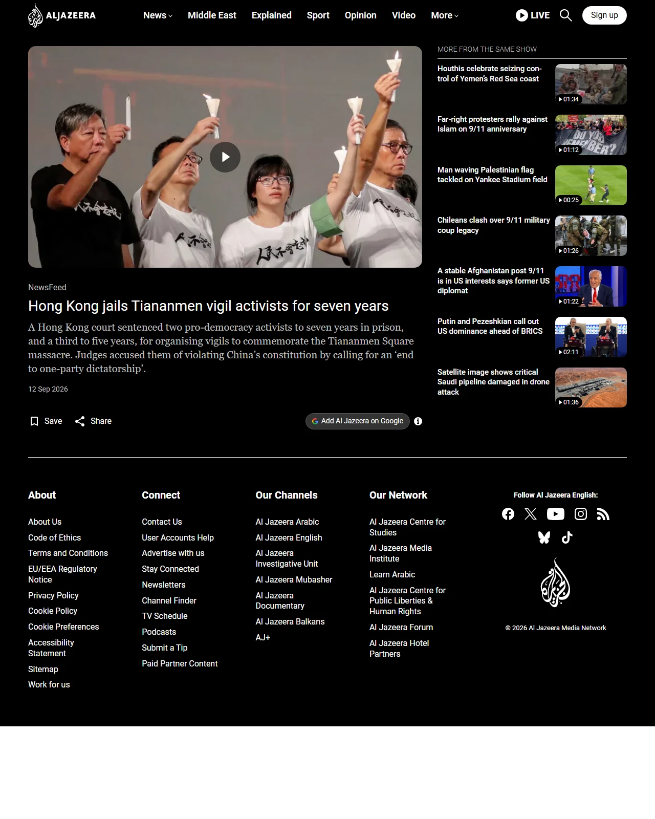 aljazeera.com as published: Hong Kong jails Tiananmen vigil activists for seven years
