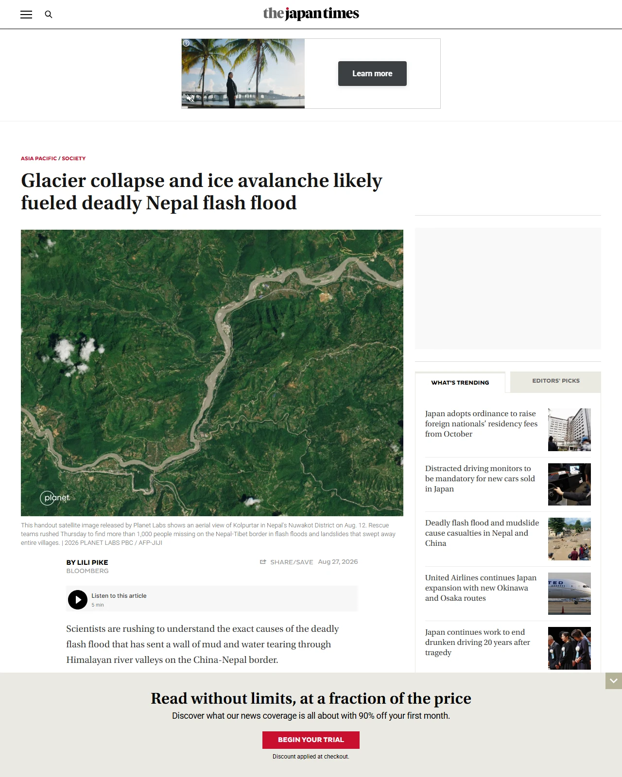 japantimes.co.jp as published: Glacier collapse and ice avalanche likely fueled deadly Nepal flash flood