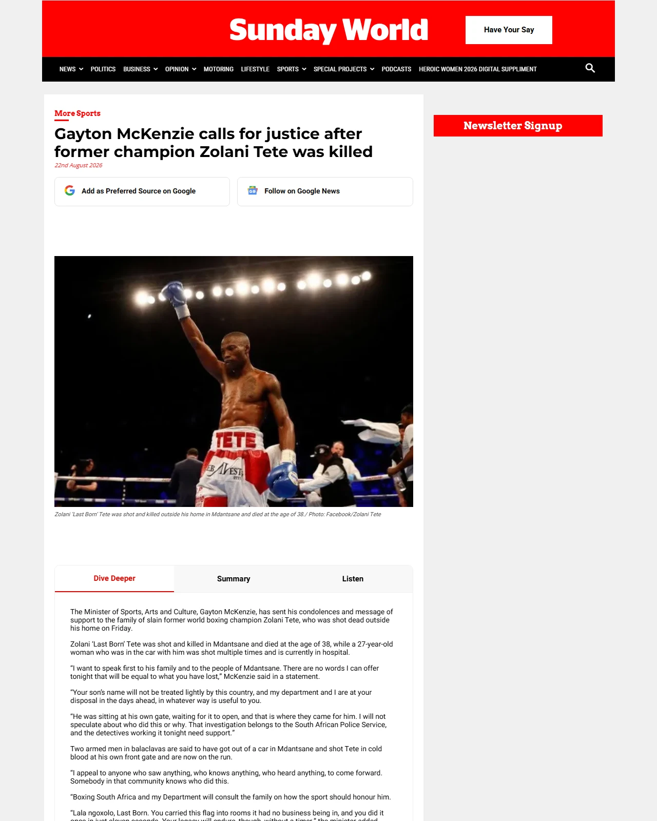 sundayworld.co.za as published: Gayton McKenzie calls for justice after former champion Zolani Tete was killed
