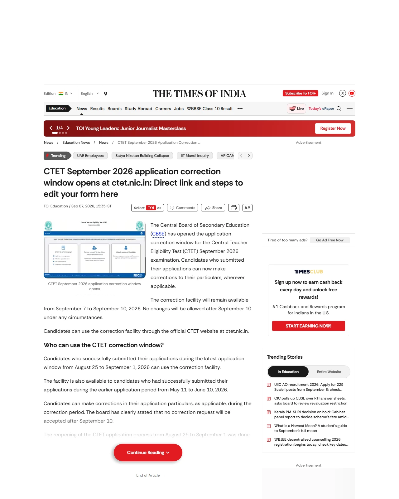 timesofindia.indiatimes.com as published: CTET September 2026 application correction window opens at ctet.nic.in: Direct link and steps to edit you
