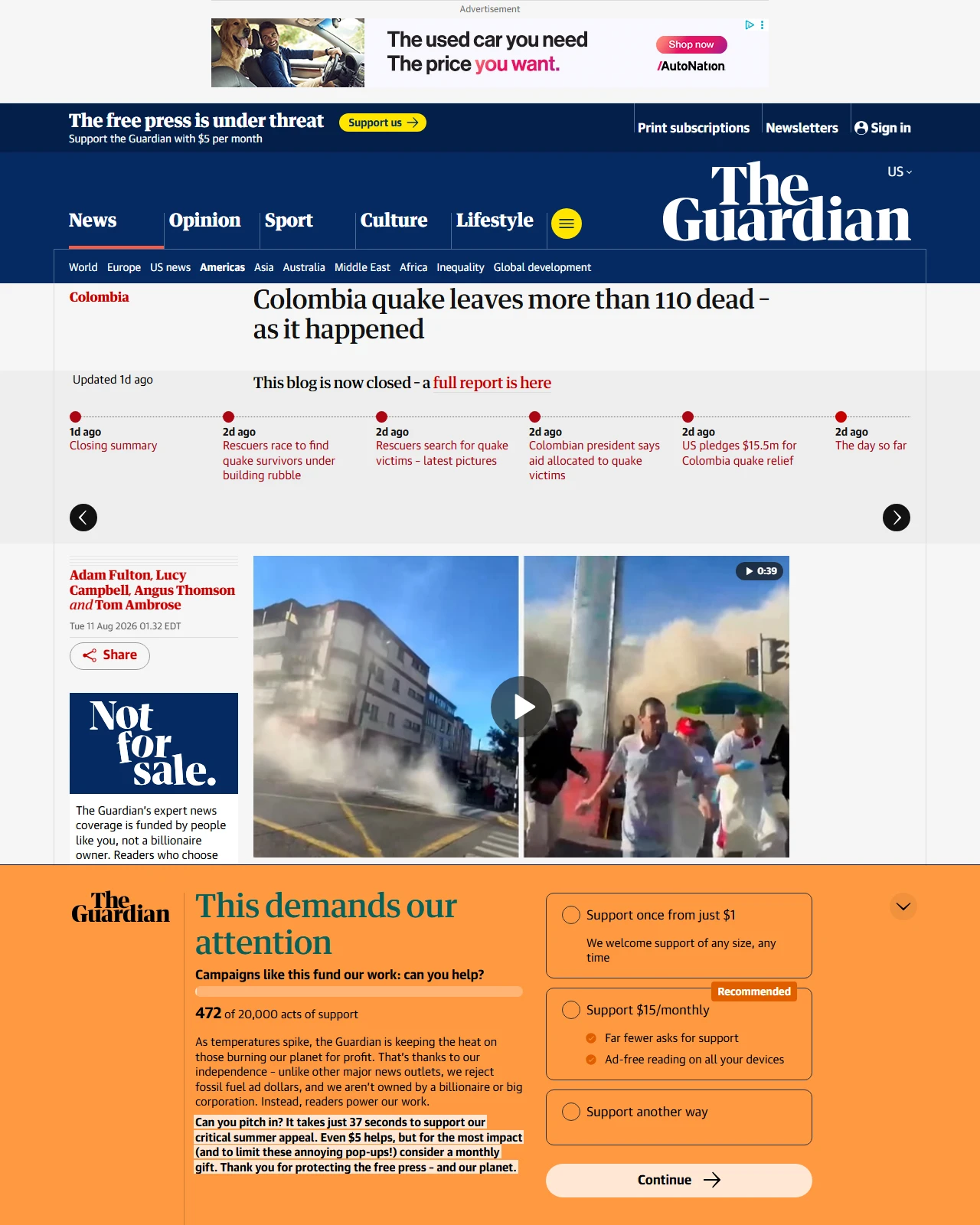theguardian.com as published: Colombia quake leaves more than 110 dead – as it happened