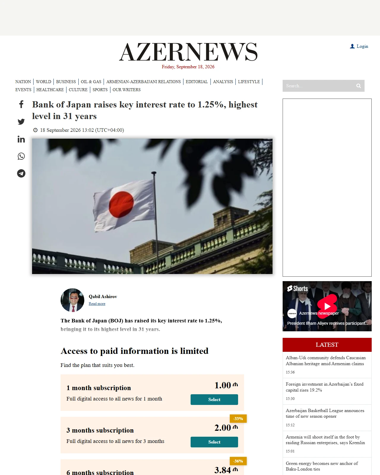 azernews.az as published: Bank of Japan raises key interest rate to 1.25%, highest level in 31 years