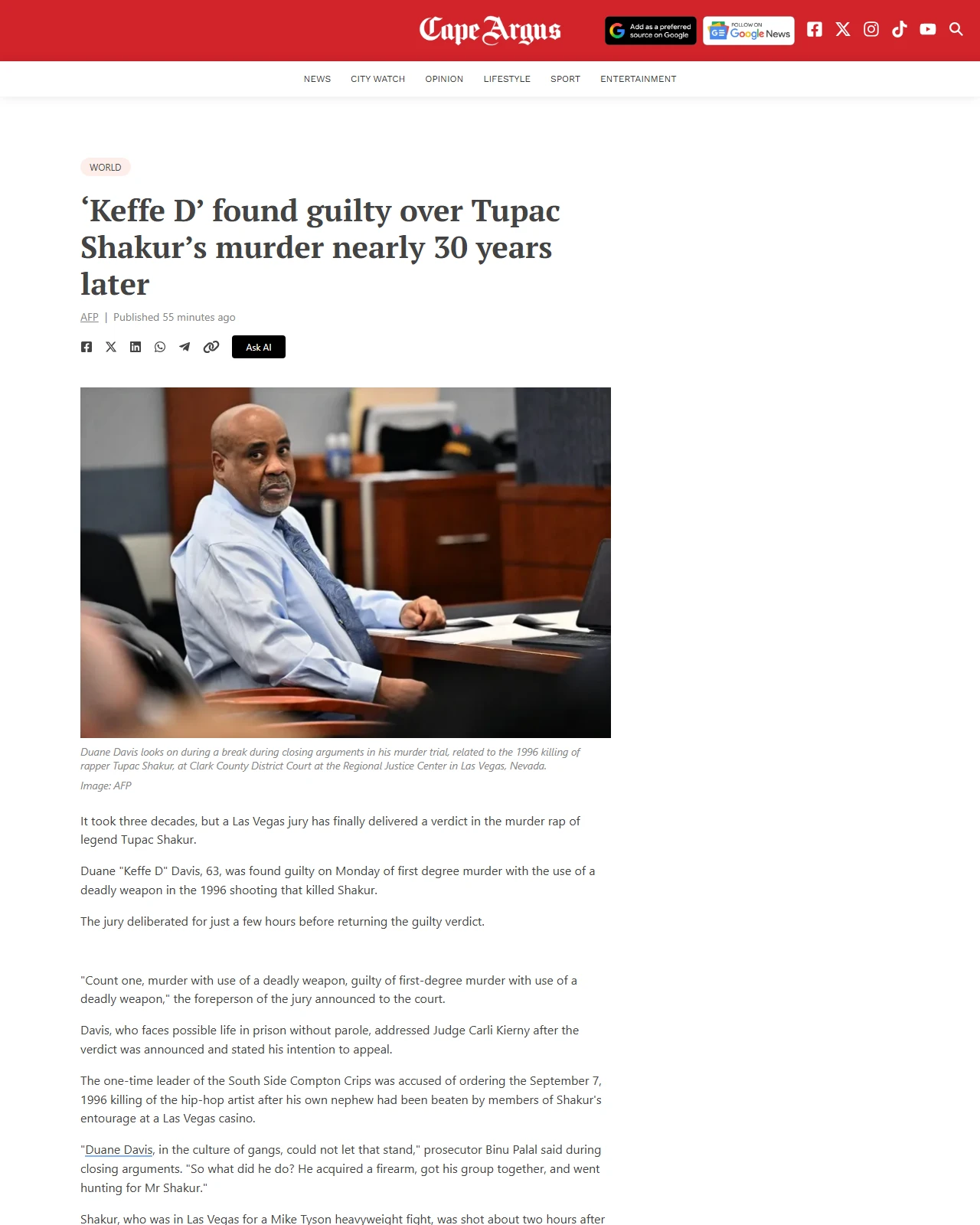capeargus.co.za as published: ‘Keffe D’ found guilty over Tupac Shakur’s murder nearly 30 years later