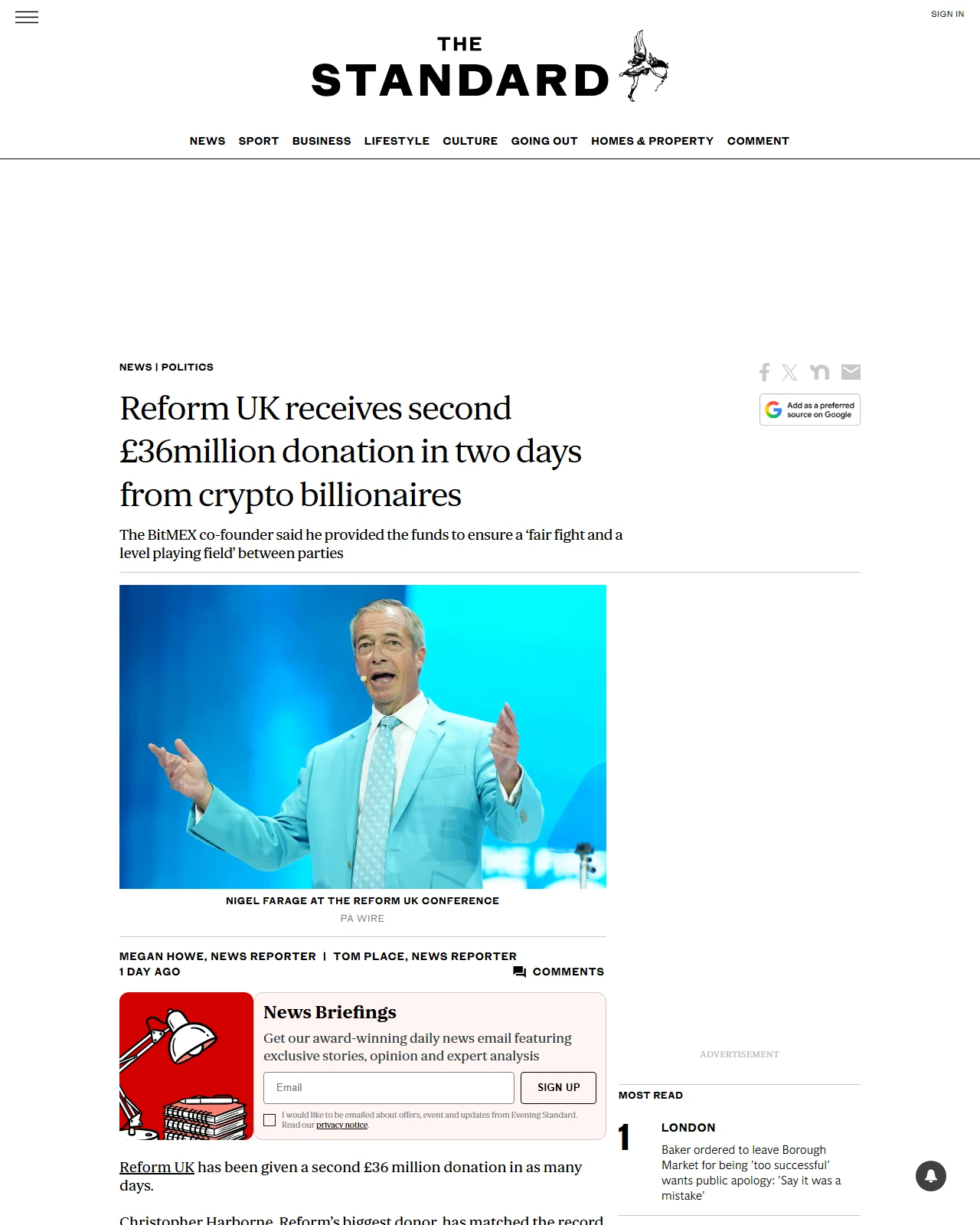 standard.co.uk as published: Reform UK receives second £36million donation in two days from crypto billionaires