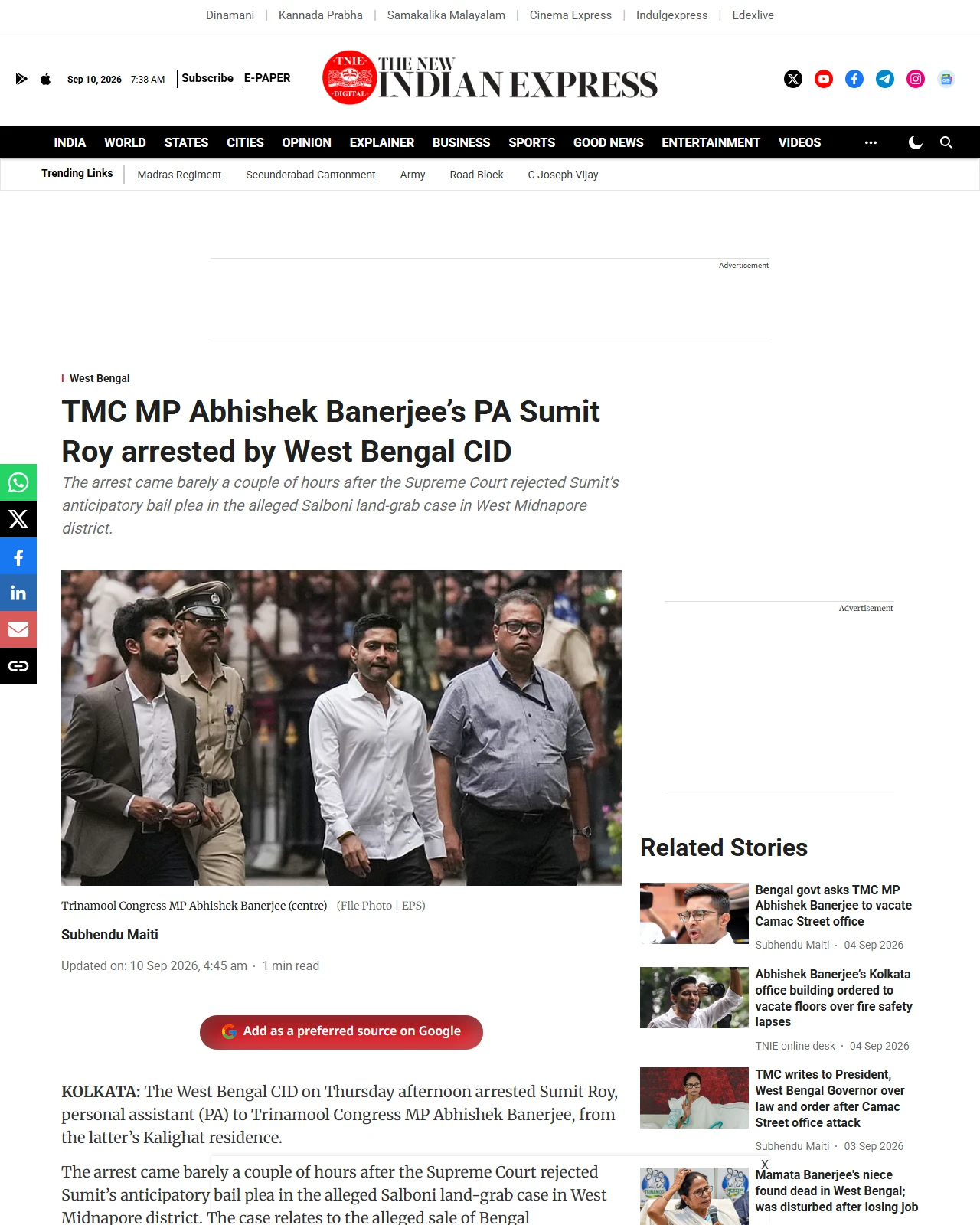 newindianexpress.com as published: TMC MP Abhishek Banerjee’s PA Sumit Roy arrested by West Bengal CID