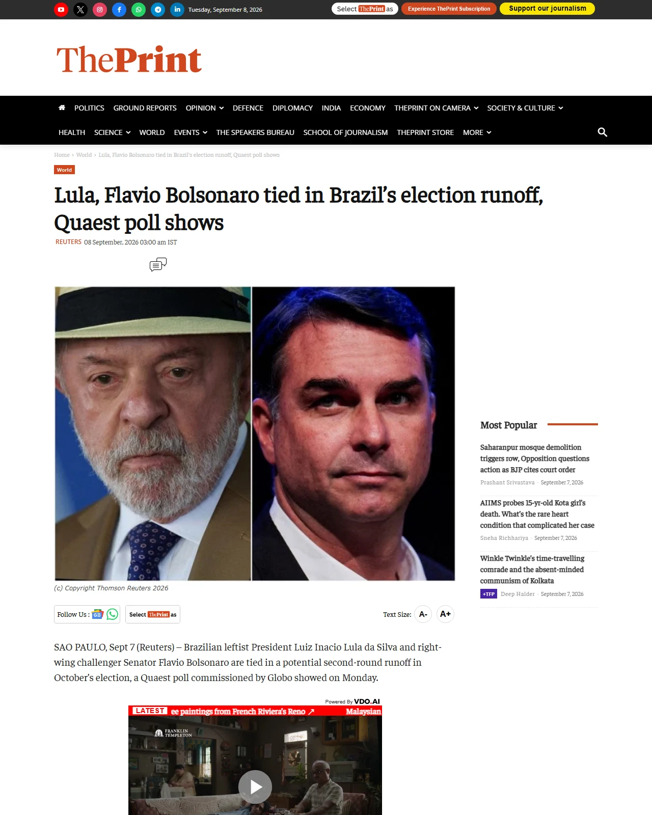 theprint.in as published: Lula, Flavio Bolsonaro tied in Brazil’s election runoff, Quaest poll shows