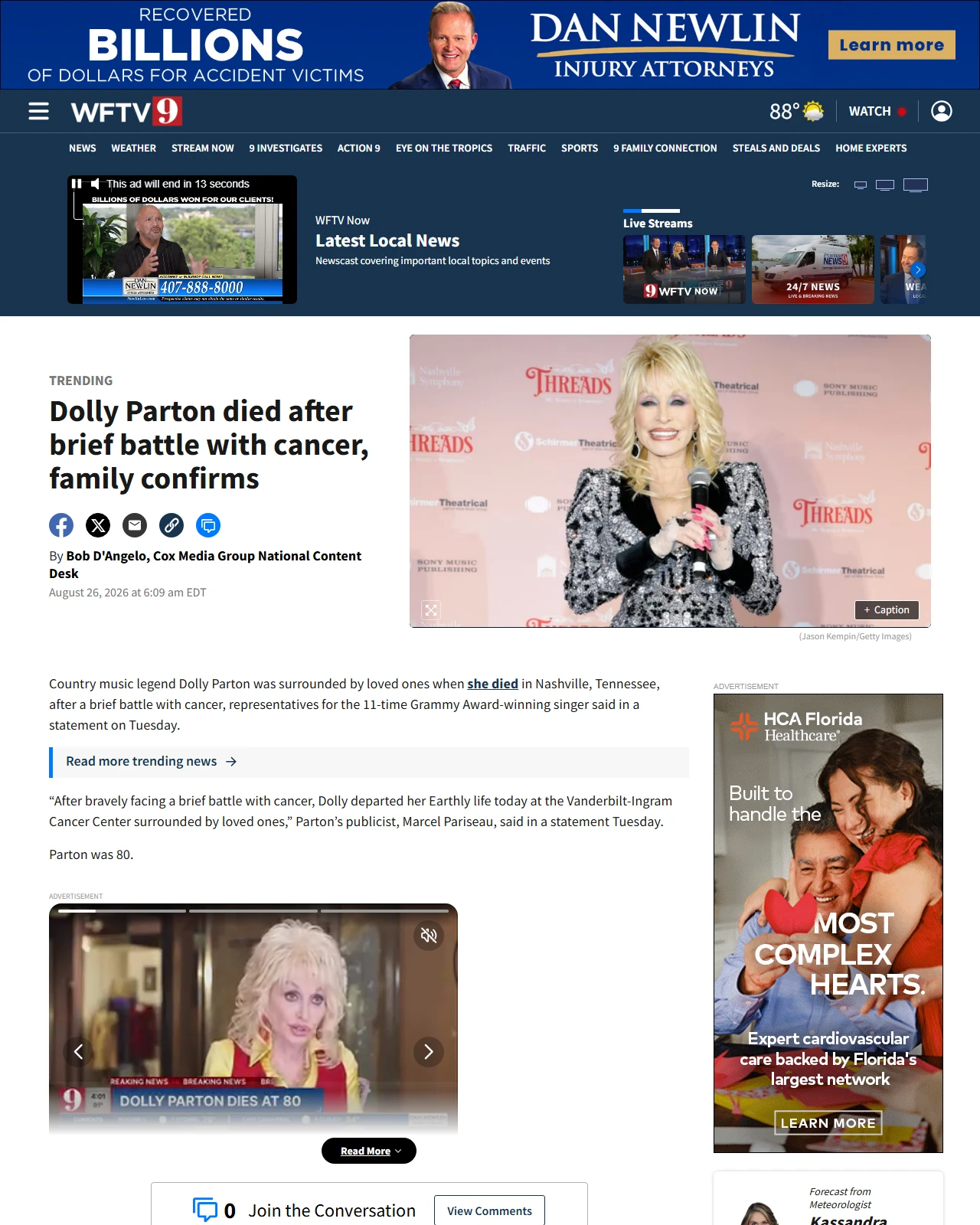 wftv.com as published: Dolly Parton died after brief battle with cancer, family confirms