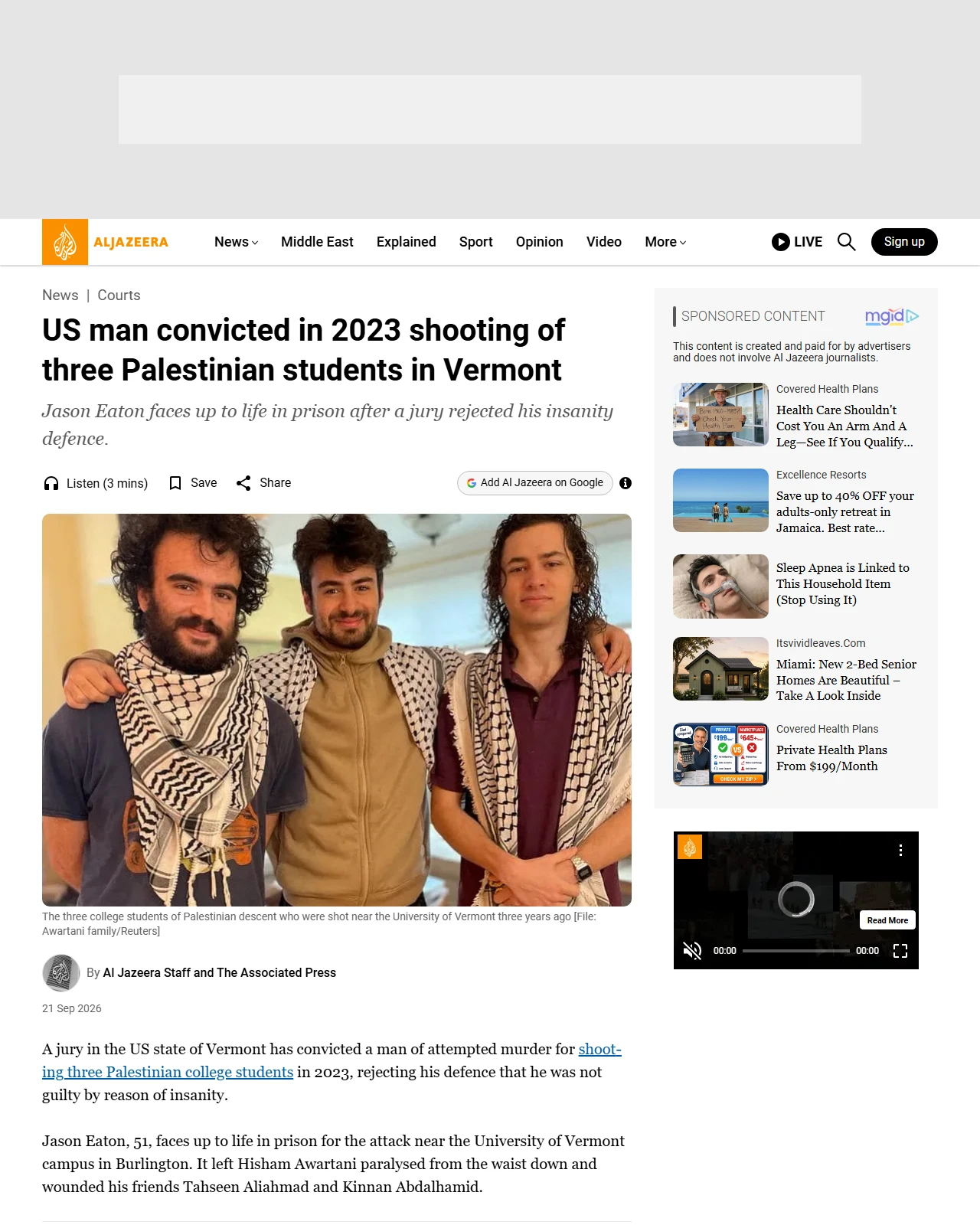 aljazeera.com as published: US man convicted in 2023 shooting of three Palestinian students in Vermont