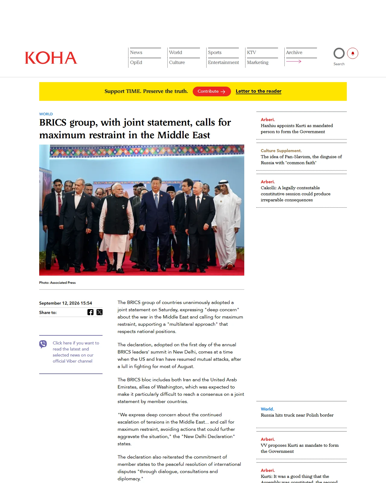 koha.net as published: BRICS group, with joint statement, calls for maximum restraint in the Middle East