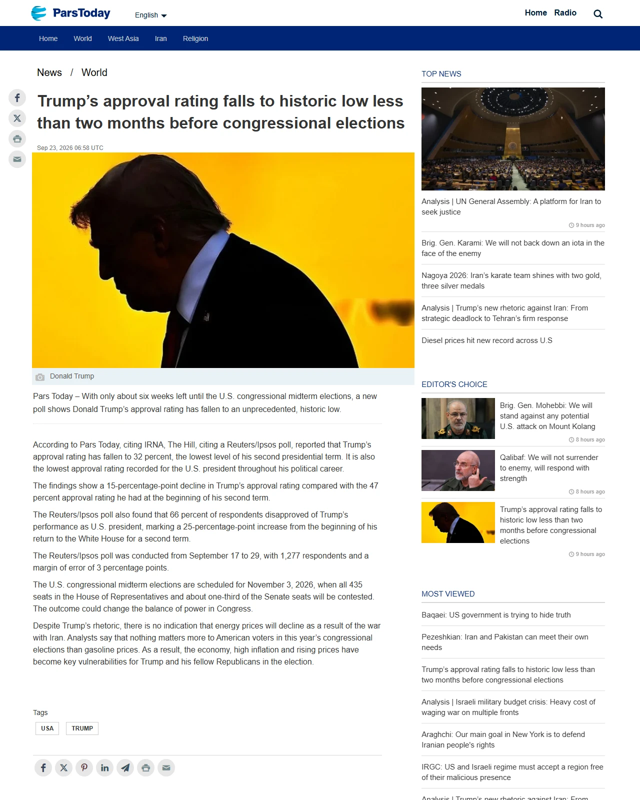 parstoday.ir as published: Trump’s approval rating falls to historic low less than two months before congressional elections