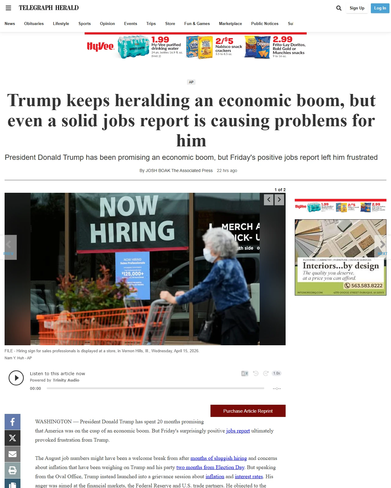 telegraphherald.com as published: Trump keeps heralding an economic boom, but even a solid jobs report is causing problems for him