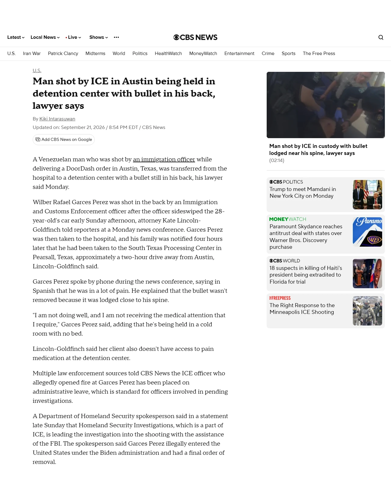 cbsnews.com as published: Man shot by ICE being detained with bullet still in his back, lawyer says