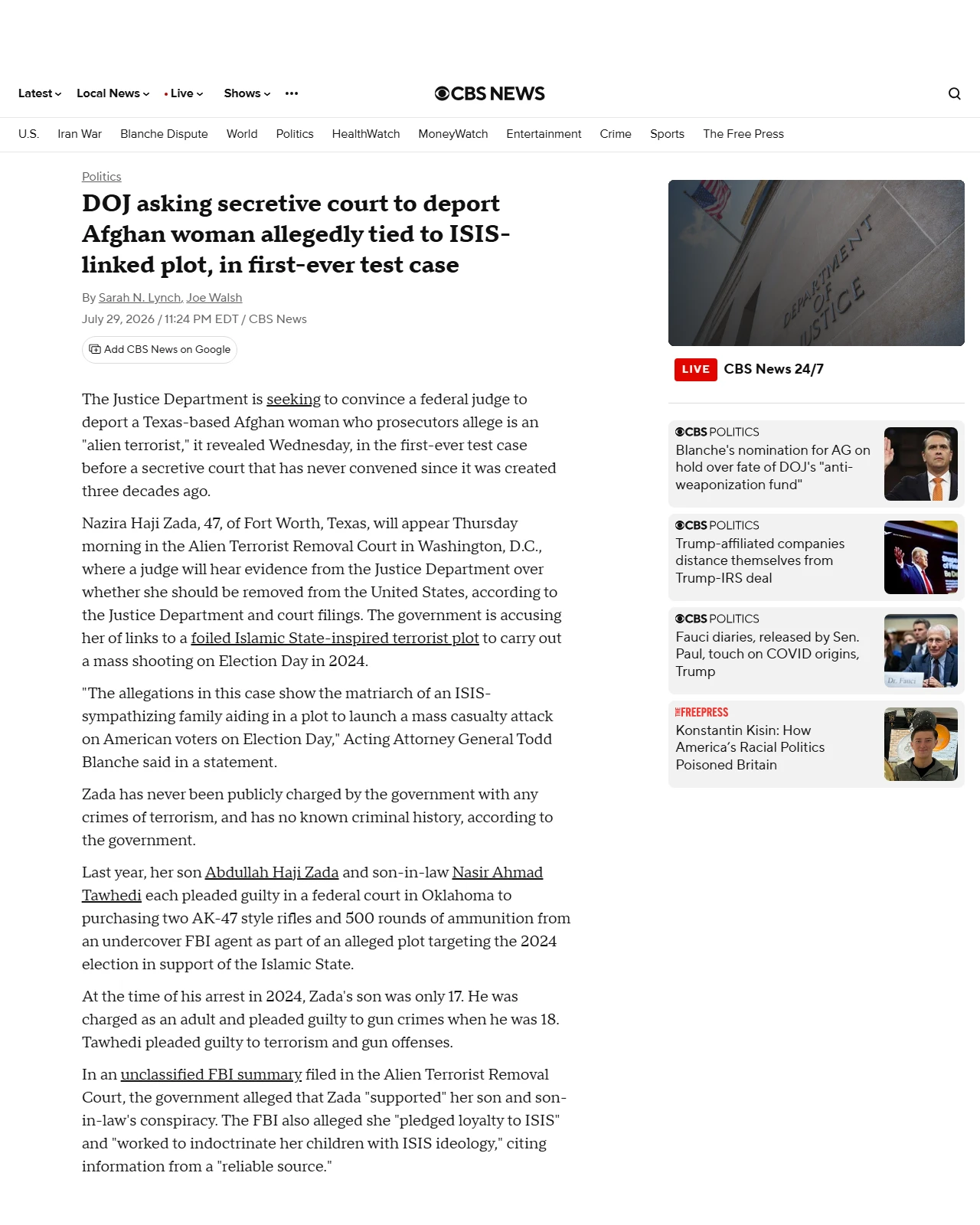 cbsnews.com as published: DOJ asking secretive court to remove Afghan woman allegedly tied to terror plot