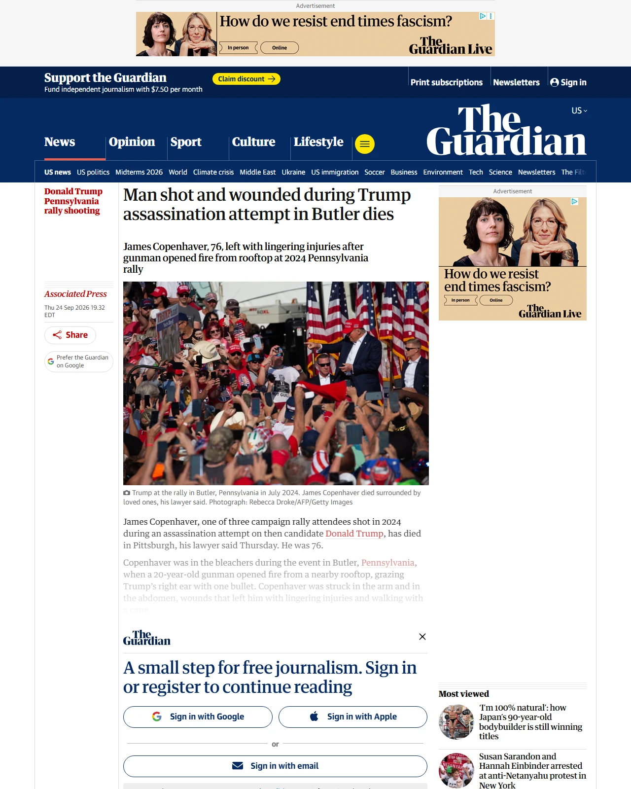 theguardian.com as published: Man shot and wounded during Trump assassination attempt in Butler dies