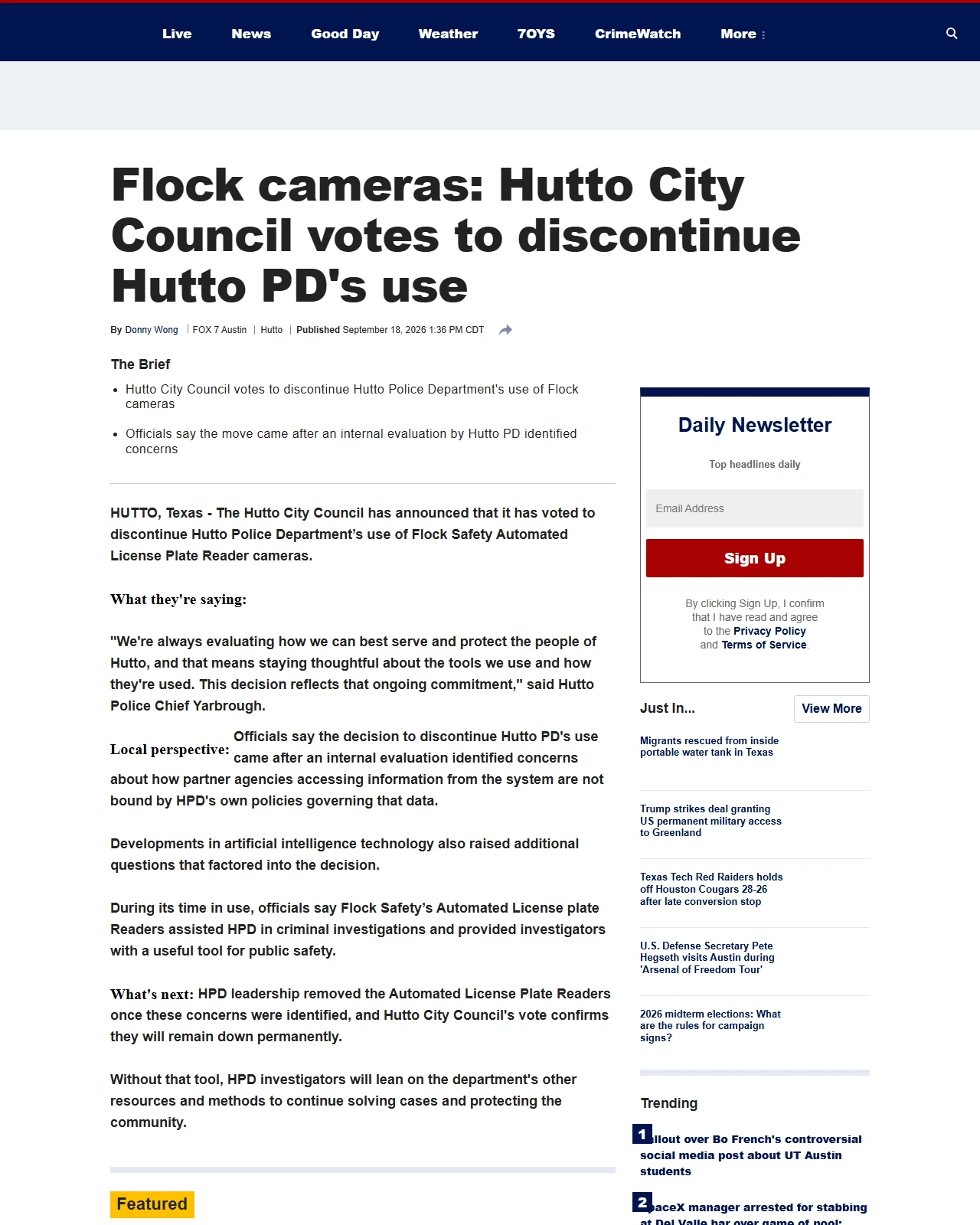 fox7austin.com as published: Flock cameras: Hutto City Council votes to discontinue Hutto PD's use