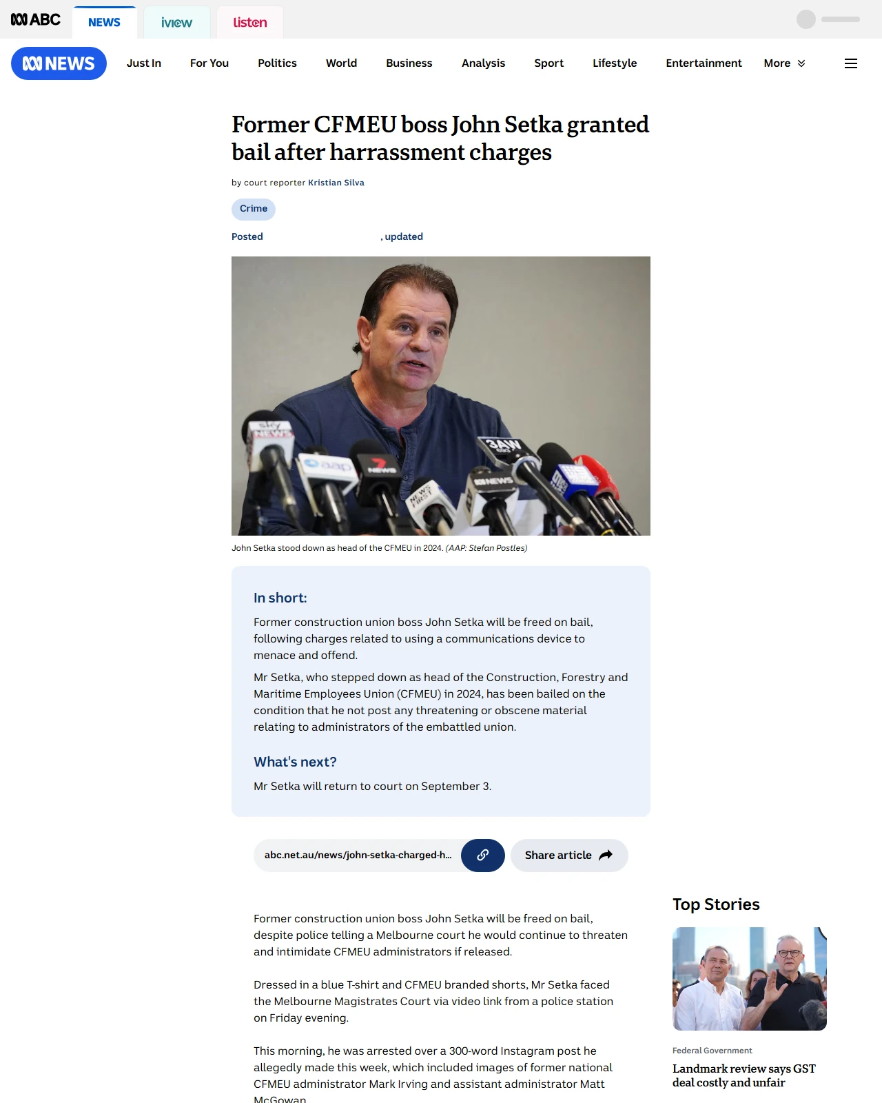 abc.net.au as published: Further charges laid against former CFMEU boss John Setka - ABC News & Headlines – Australian Broadcasting Corporation