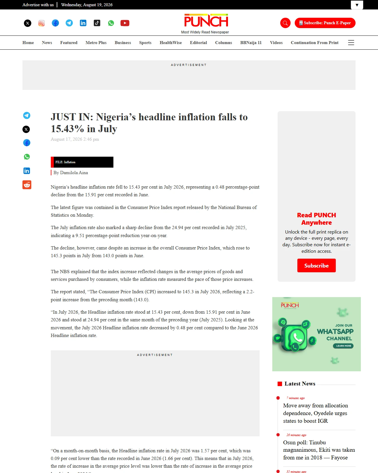 punchng.com as published: JUST IN: Nigeria’s headline inflation falls to 15.43% in July