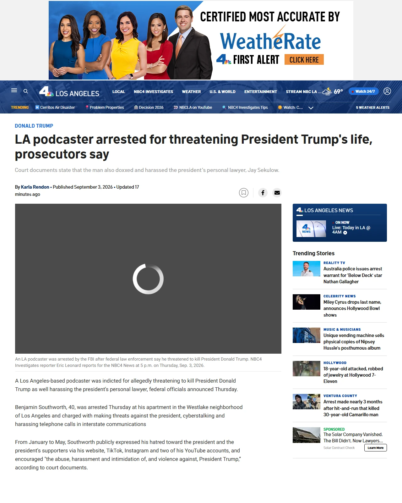 nbclosangeles.com as published: LA podcaster arrested for threatening President Trump's life: Federal officials