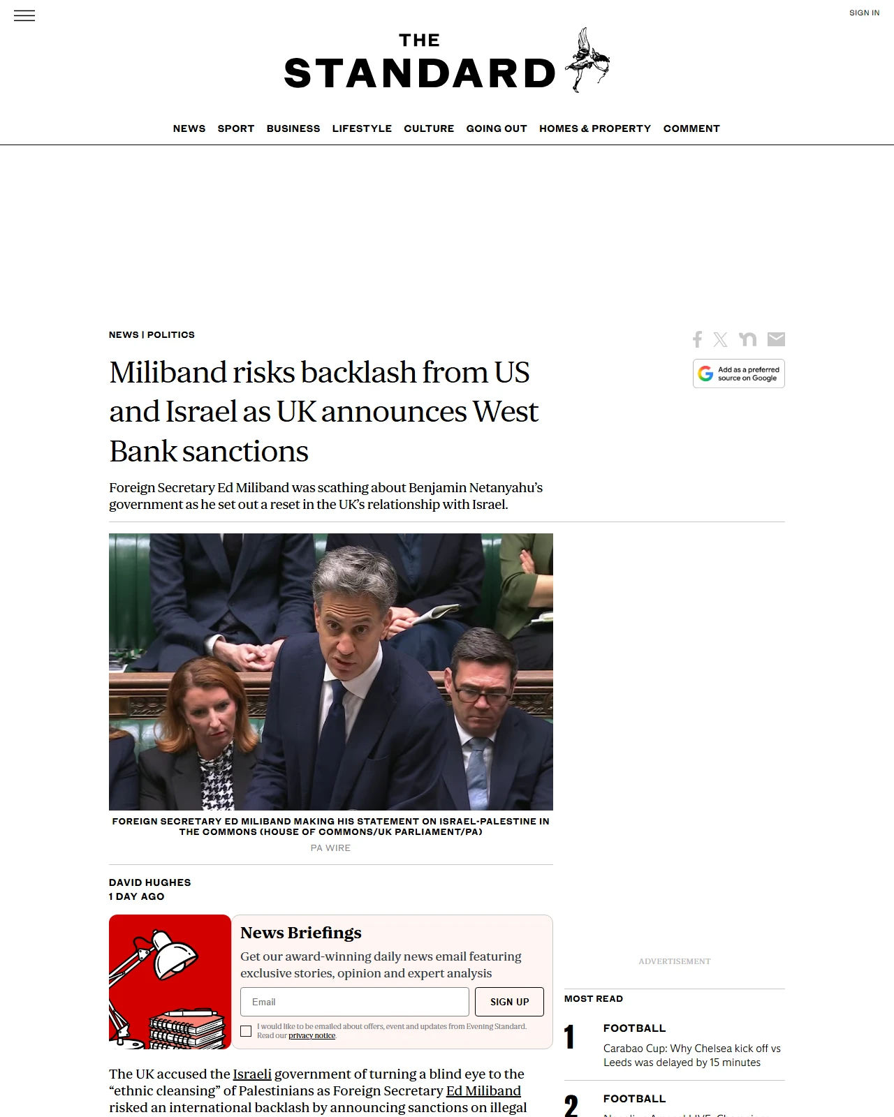 standard.co.uk as published: Miliband risks backlash from US and Israel as UK announces West Bank sanctions