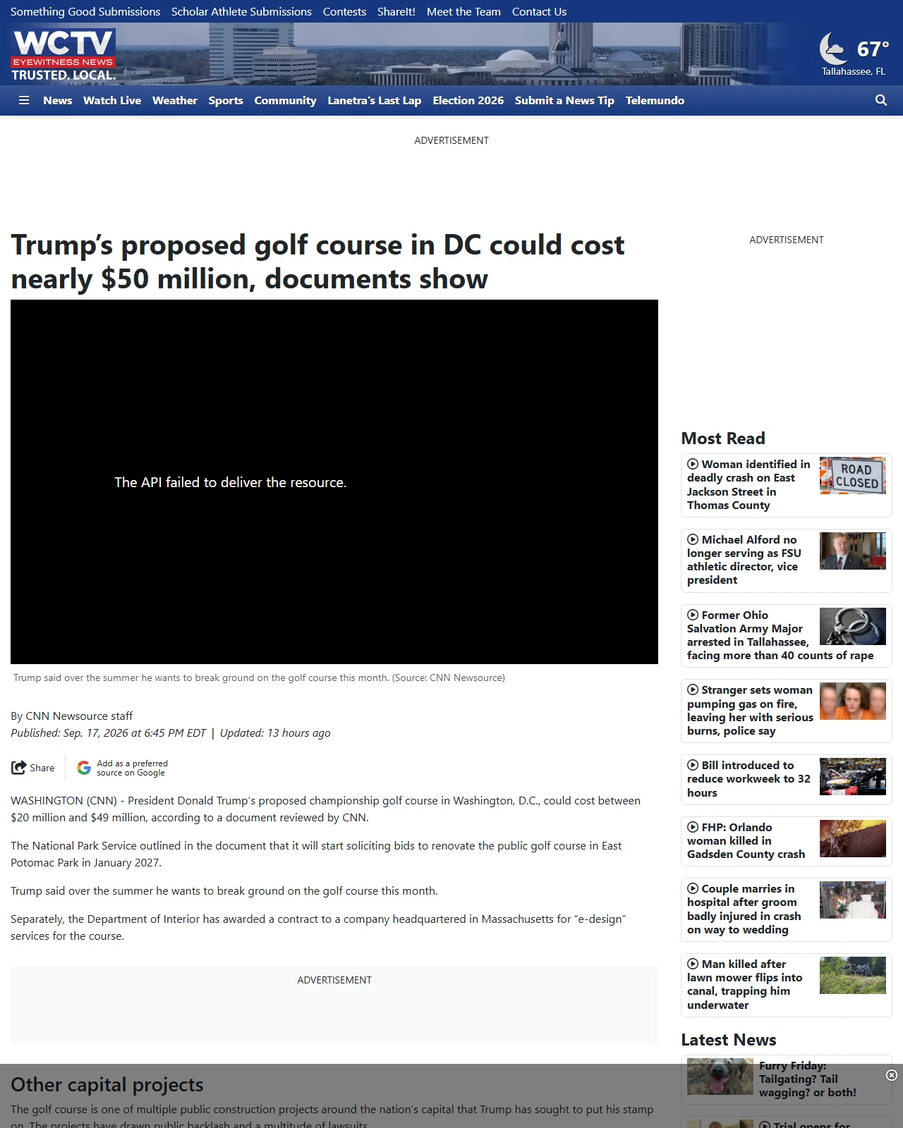 wctv.tv as published: Trump’s proposed golf course in DC could cost nearly $50 million, documents show