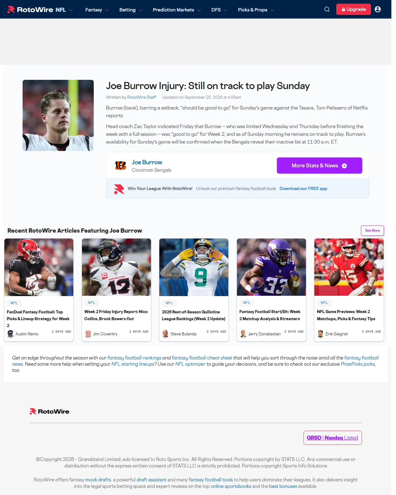 rotowire.com as published: Joe Burrow Injury: Still on track to play Sunday